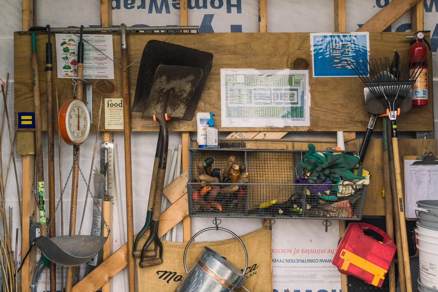 Inside of the tool shed at Food Roof Farm by Urban Harvest STL.
