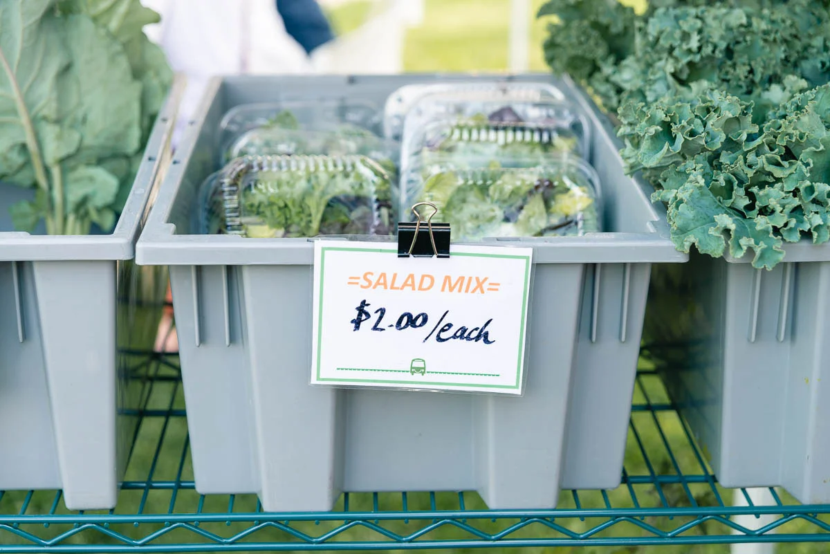 In addition to building community, Common Good City Farm brings in local farm groups to sell a variety of vegetables. These bins are from Arcadia Farms and include collard greens, salad mixes, kale, and more.