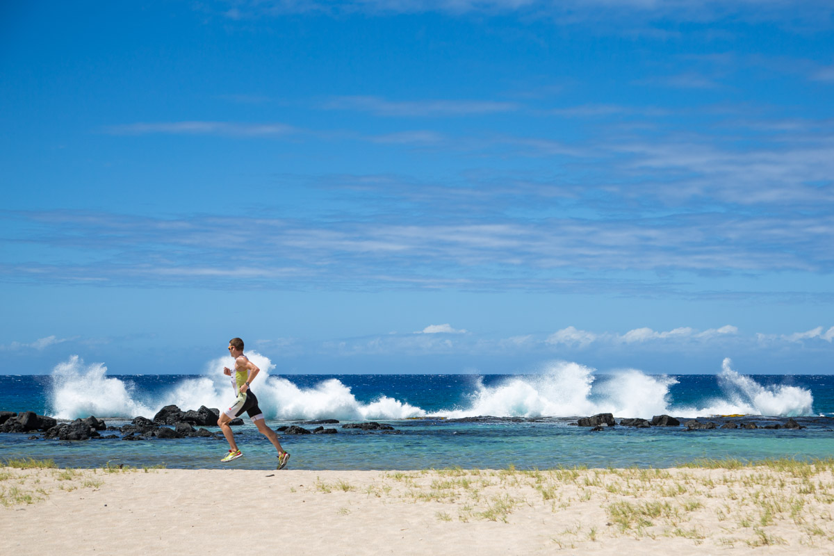 Jeff Symonds running along the beach at "The Energy Lab" prior to his debut Ironman World Championships in Kona, Hawaii. 