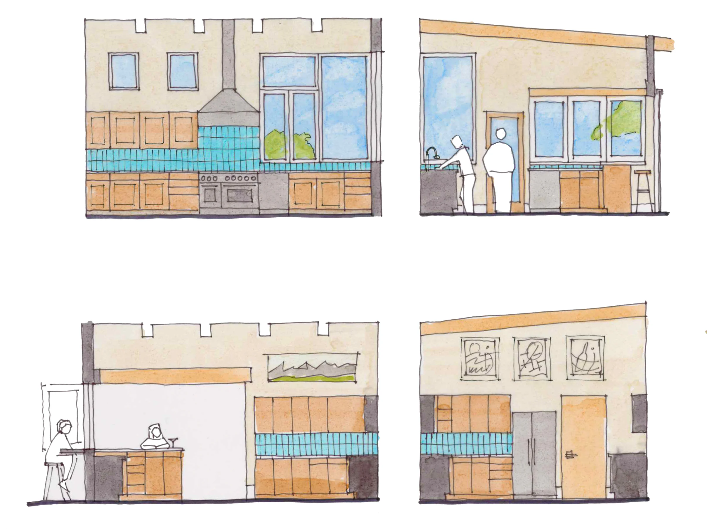 QUINCHO KITCHEN: Series of elevations of the kitchen in the Quincho. Large windows will make the space bright and open to the long landscape and distant mountain views.