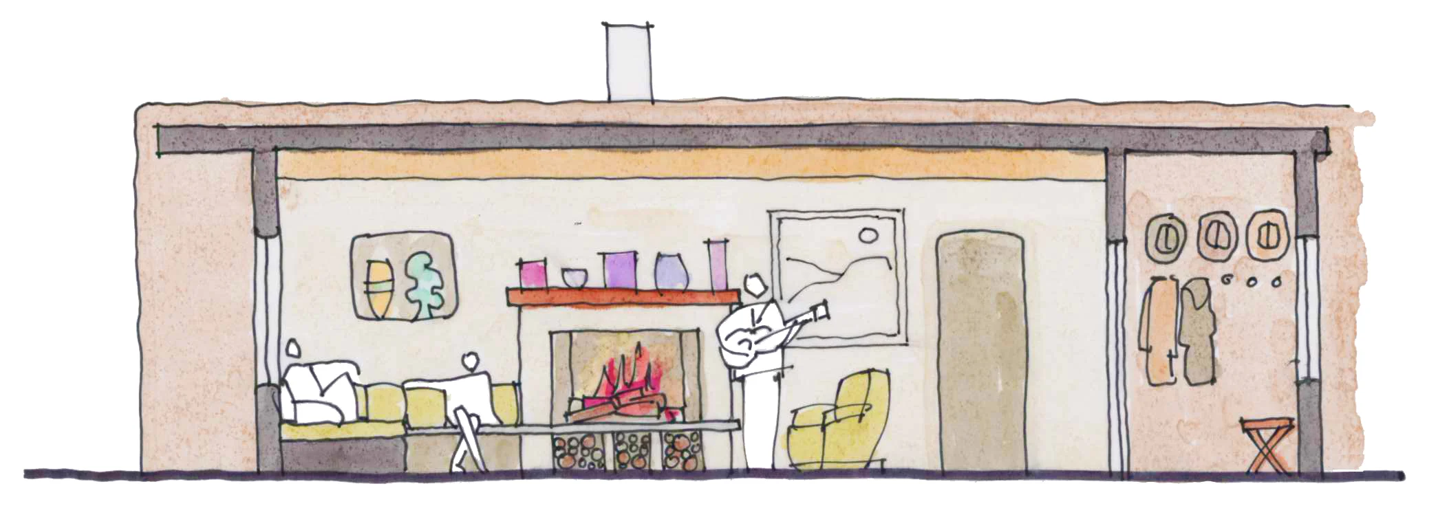 MUSIC BY THE FIRE: Whimsical sketch depicting the elevation of the fireplace inside of the Quincho. A built in bench will make for a cozy and entertaining spot to unwind and relax.