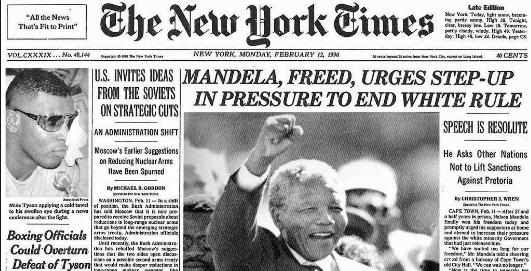The New York Times front page on the day of Nelson Mandela's release