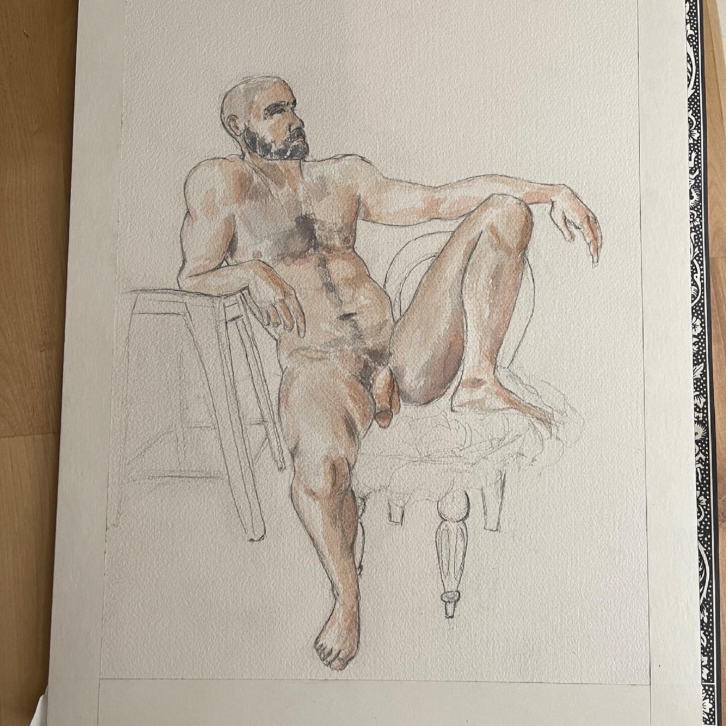 Very fun long pose from @thatzaddyzick with @thamesmeadlifedrawing . 

#lifedrawing #figuredrawing #figurepainting #watercolor #queerart #queerartist