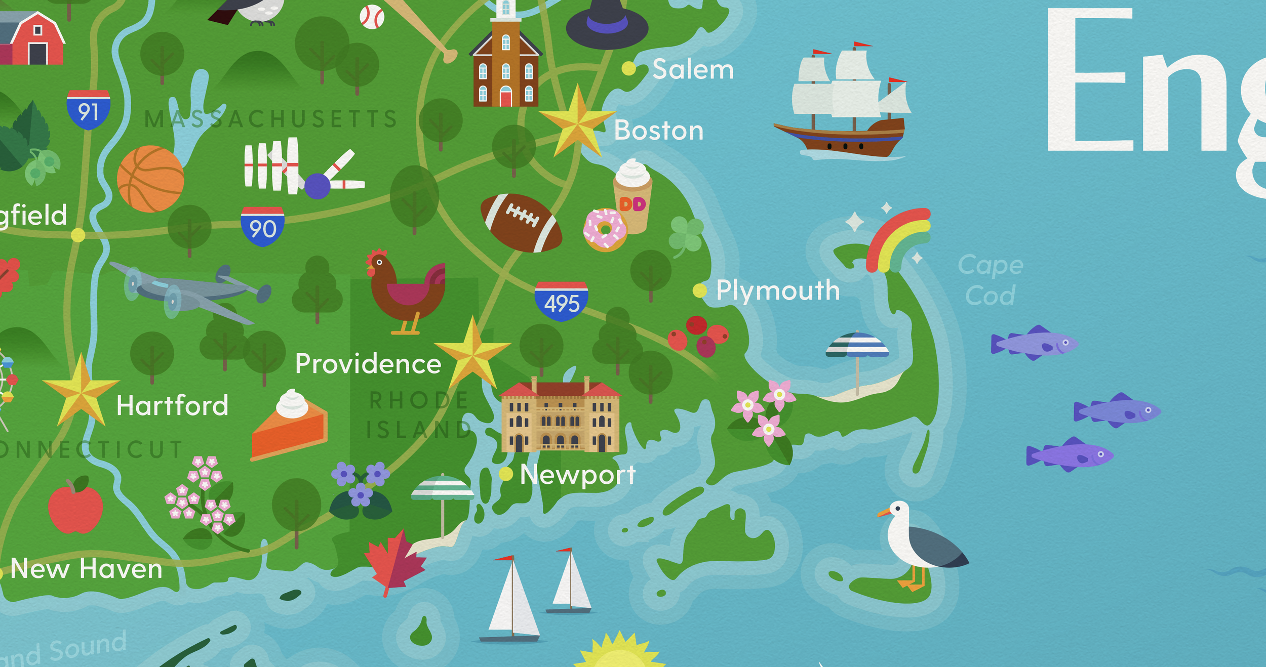  I really nerded out in my research for this map, wanting it to both teach and act as a wink for locals who were already in the know.  For example, I learned that Maine grows 99% of the nation’s blueberries, especially in the Down East region. So the