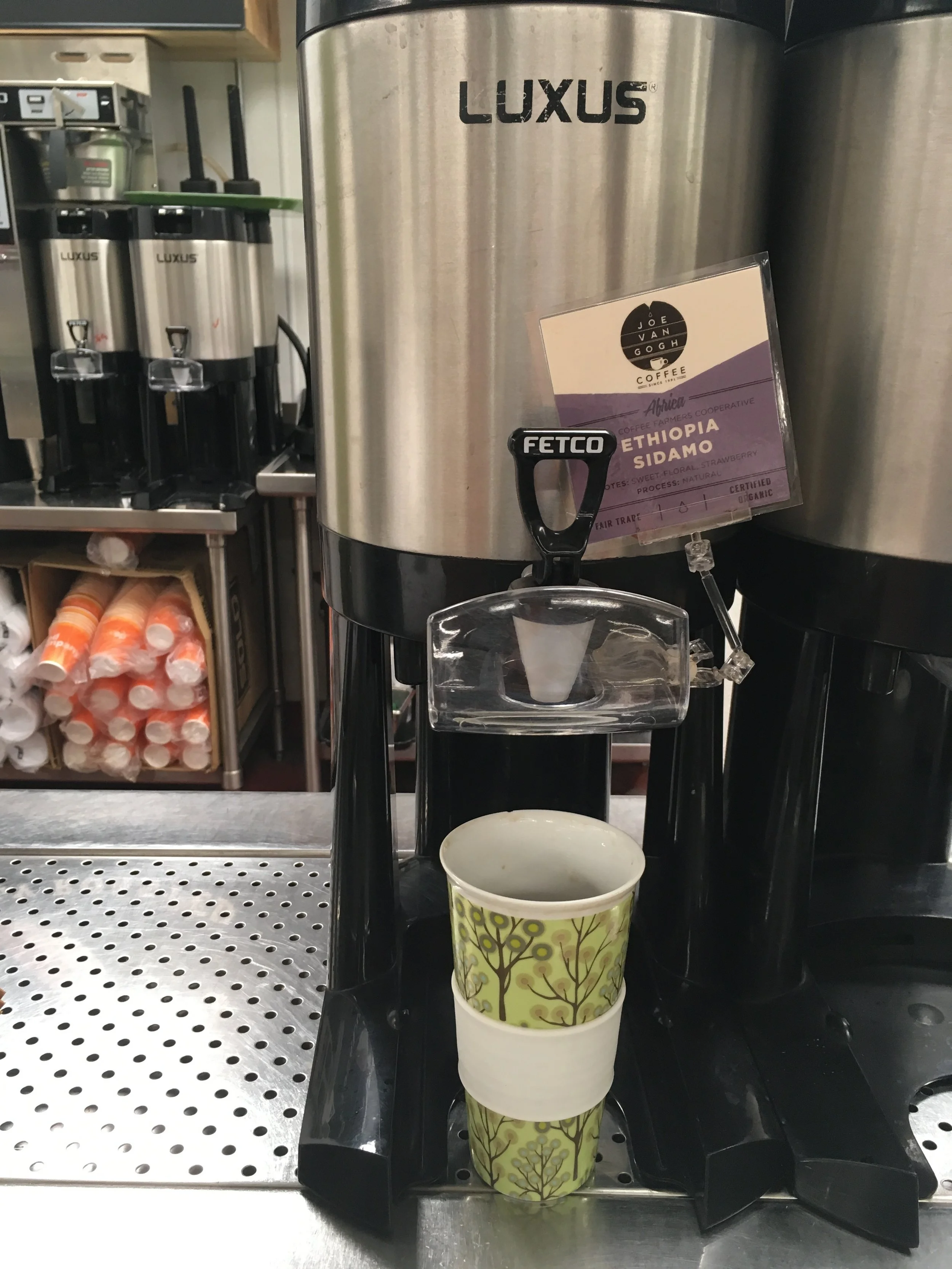 Refill with delicious Joe Van Gogh Organic coffee at Weaver Street Market, our local Co-op in Carrboro, NC Cup was purchased from World Market.
