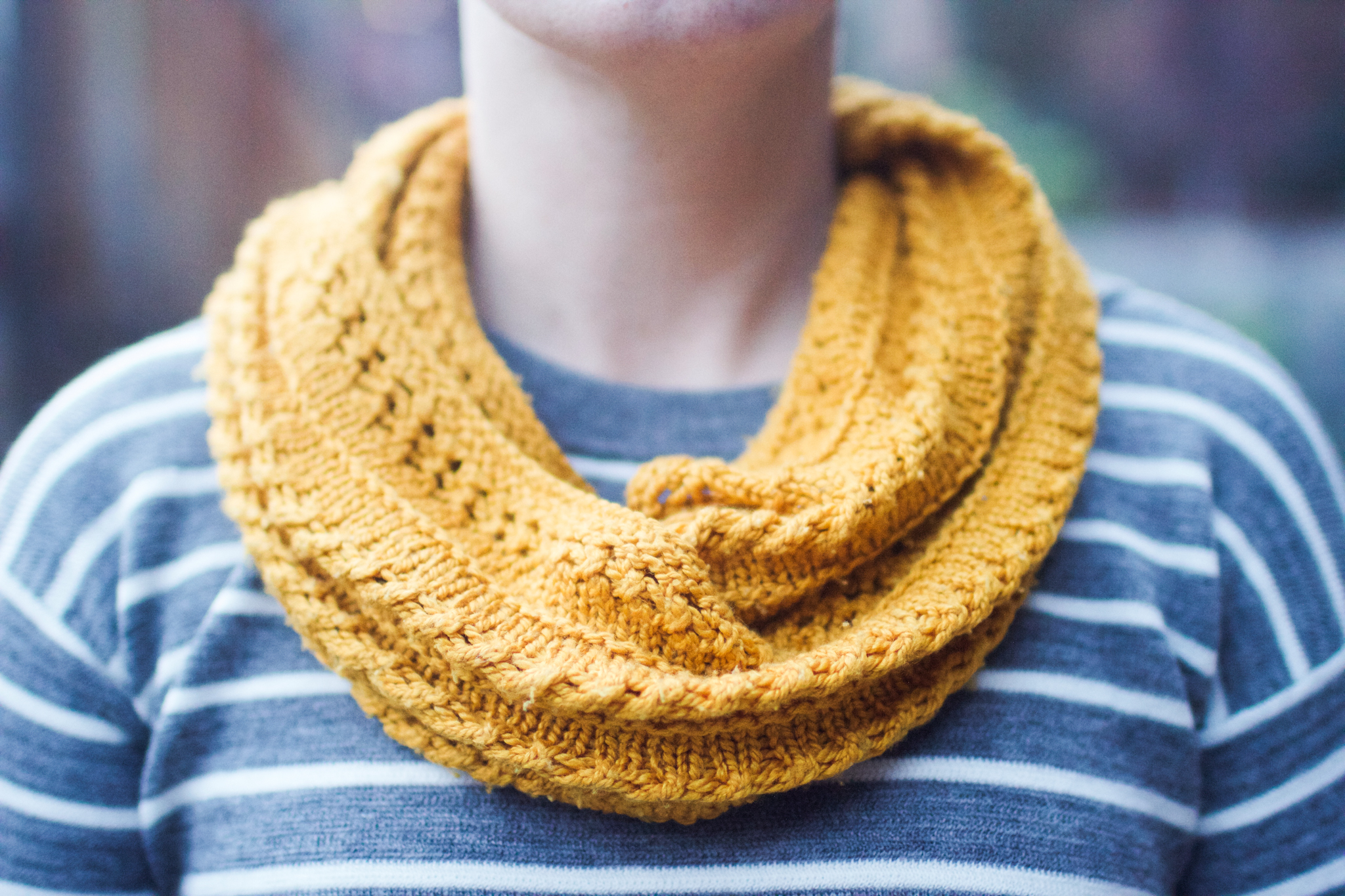 Cowl: "A Grey Loop" by Helen G. Yarn: Fyberspates Scrumptious 4ply/sport in "Gold."
