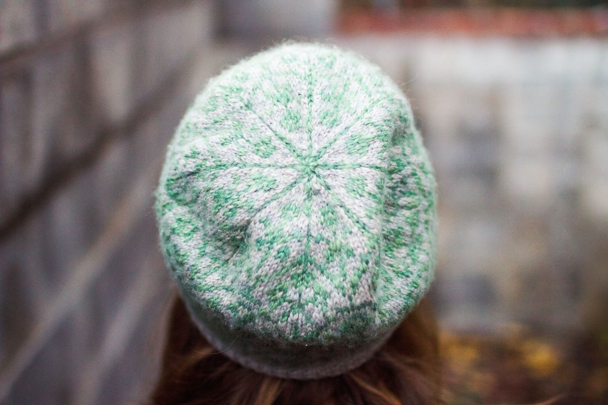 Hat: "Selbu Modern" by Kate Gagnon Osborn. Yarn: The Fibre Company Road to China Light in "Grey Pearl" and "Malachite."