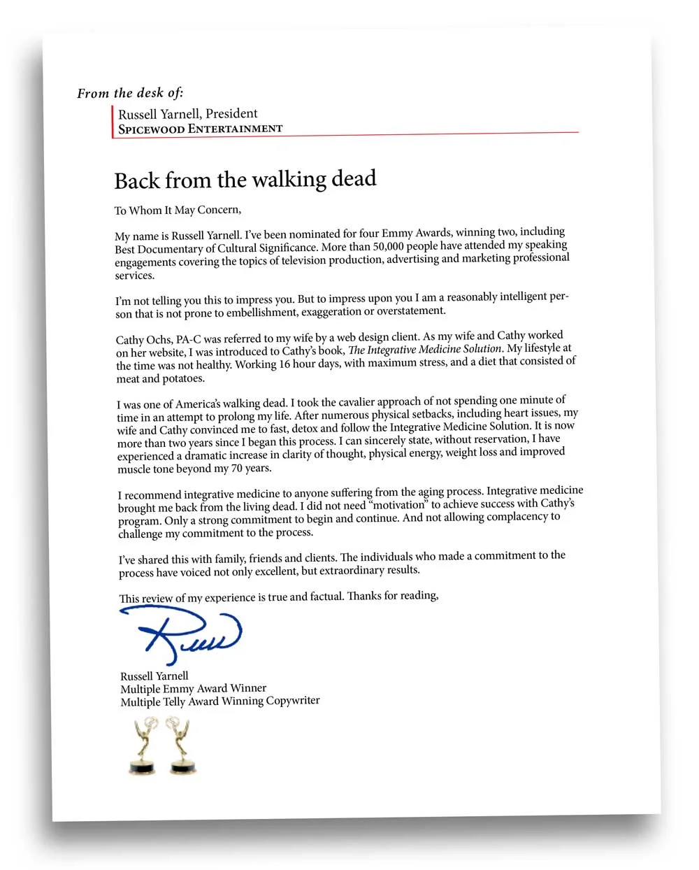 Back from the walking dead, endorsement letter of cathy ochs, pa-c, impaa, redding integrative medicine