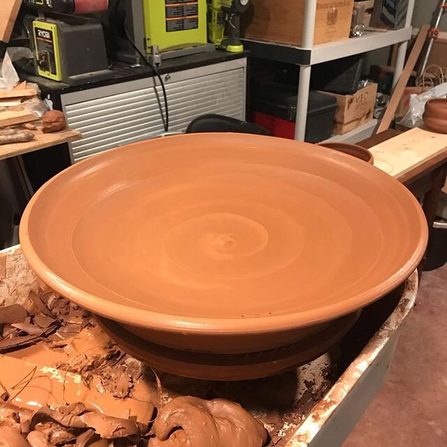 Busy night sneaking in the last few pots before firing for the @mnpotteryfestival ! Can&rsquo;t wait to see this 20&rdquo; platter fired! #thrownonaskutt #skuttwheels