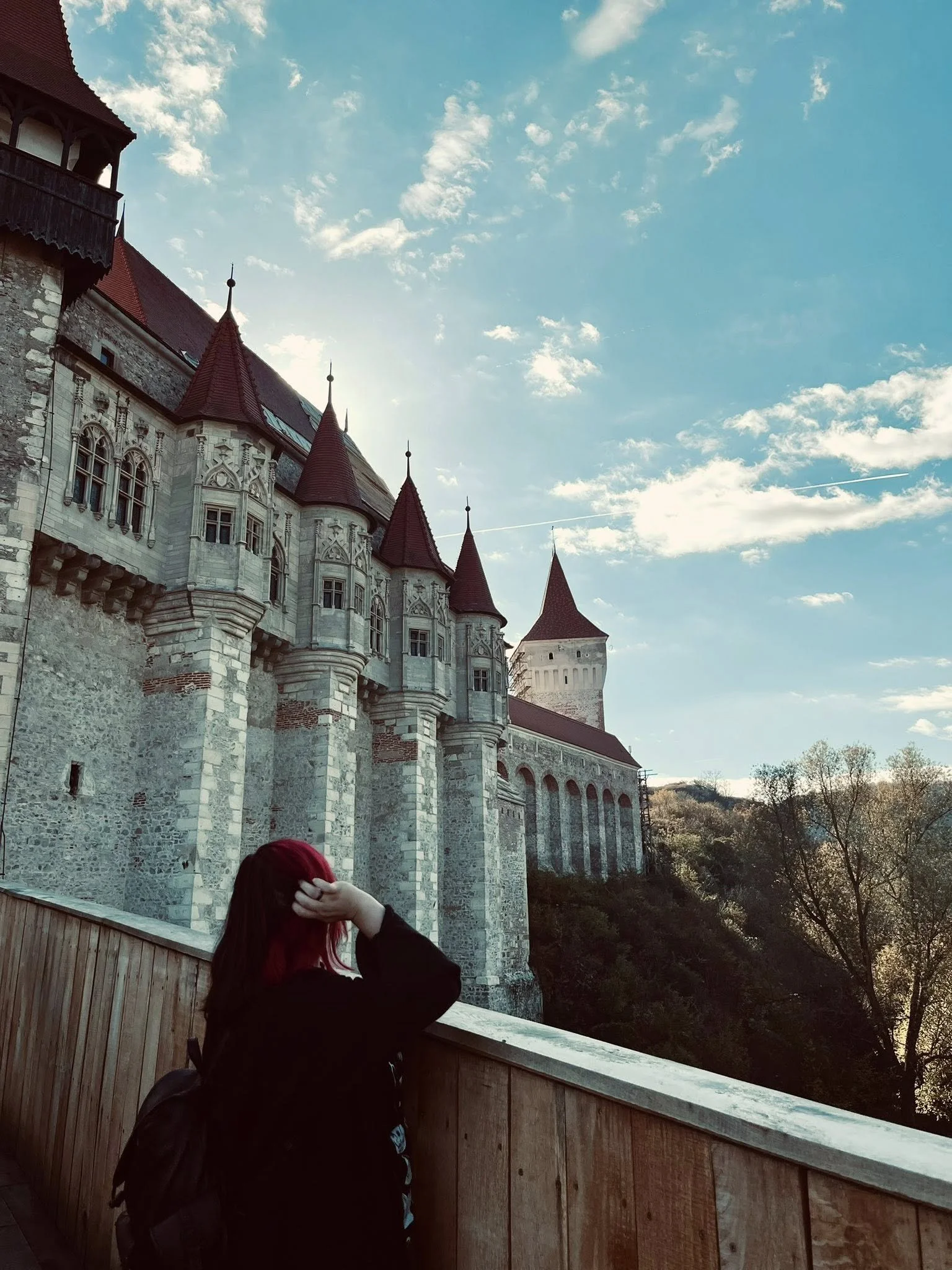 A person standing in front of a castle with tall towers and red conical roofs.