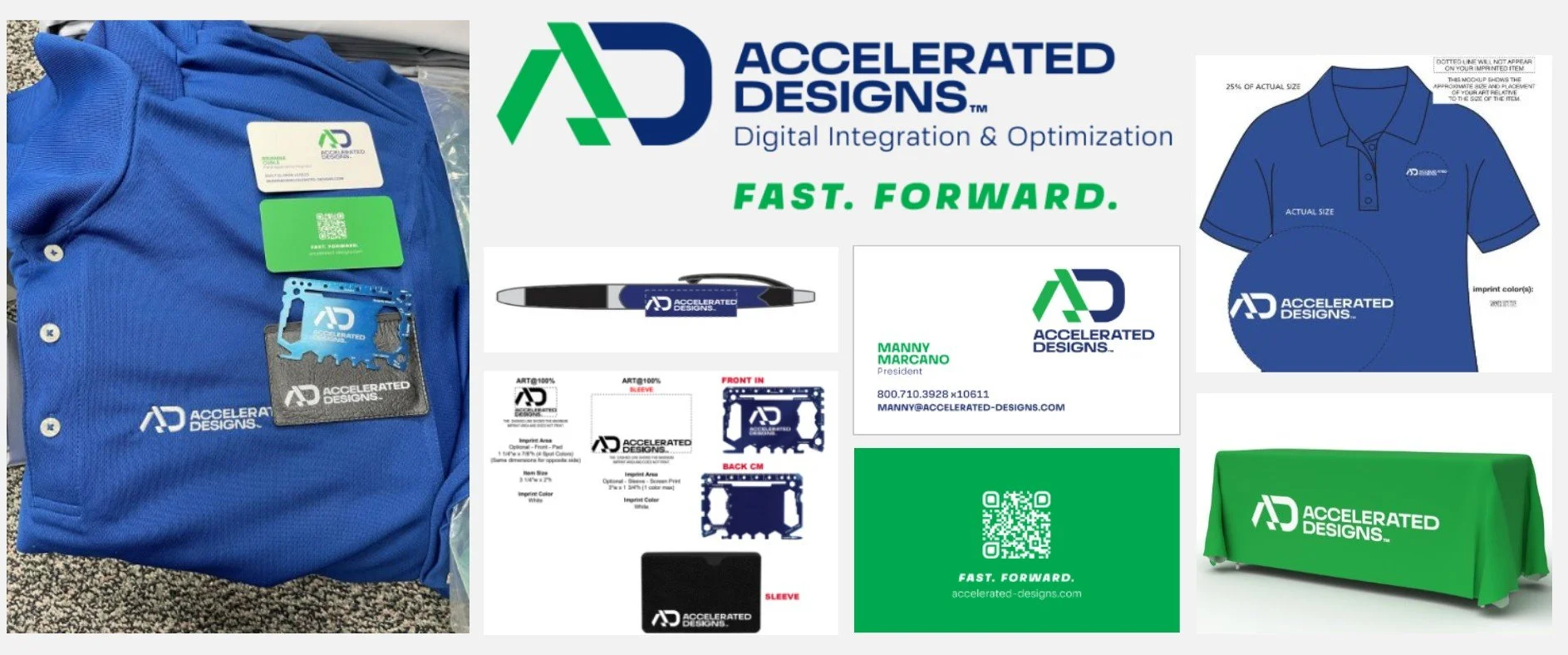 branded tablecloth, business cards, pen, polo shirts, and more with logo for event business wear, giveaways and merchandise