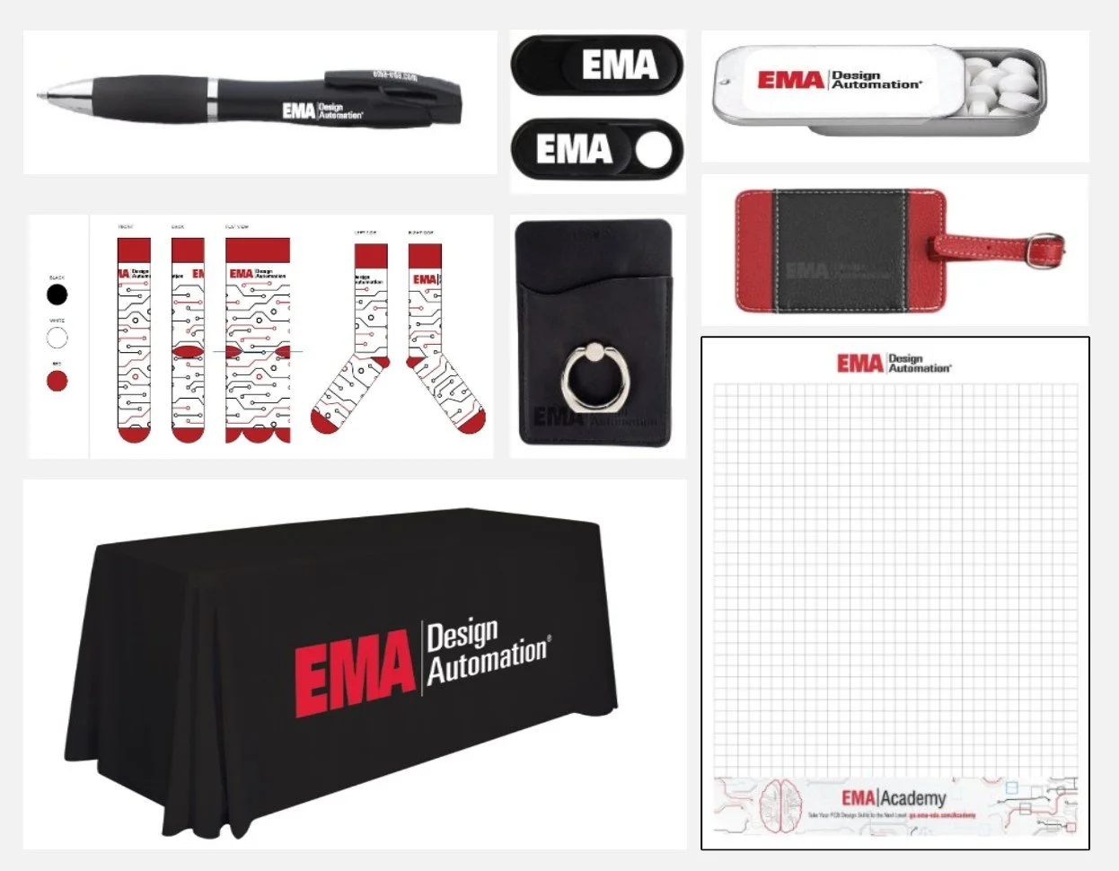 branded tablecloth, socks, pen, mints, and more with logo for event giveaways and merchandise