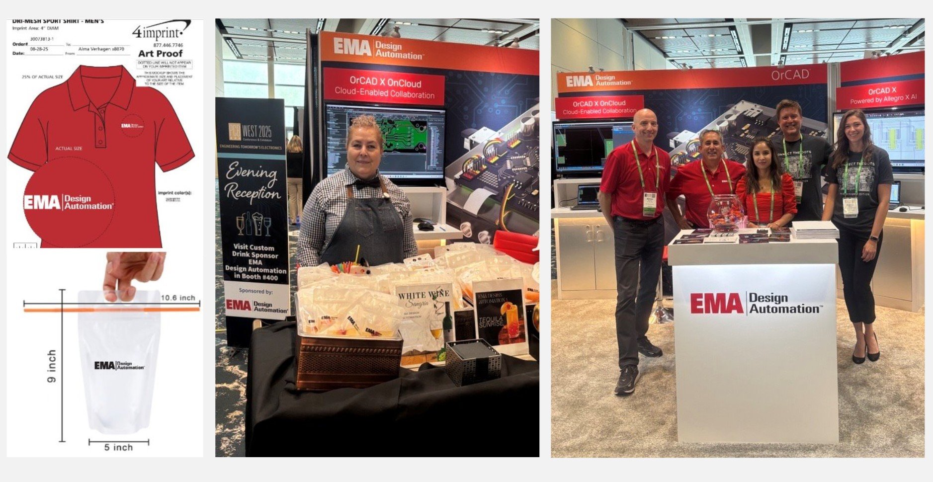 branded polo shirts and drink pouches at a tradeshow event