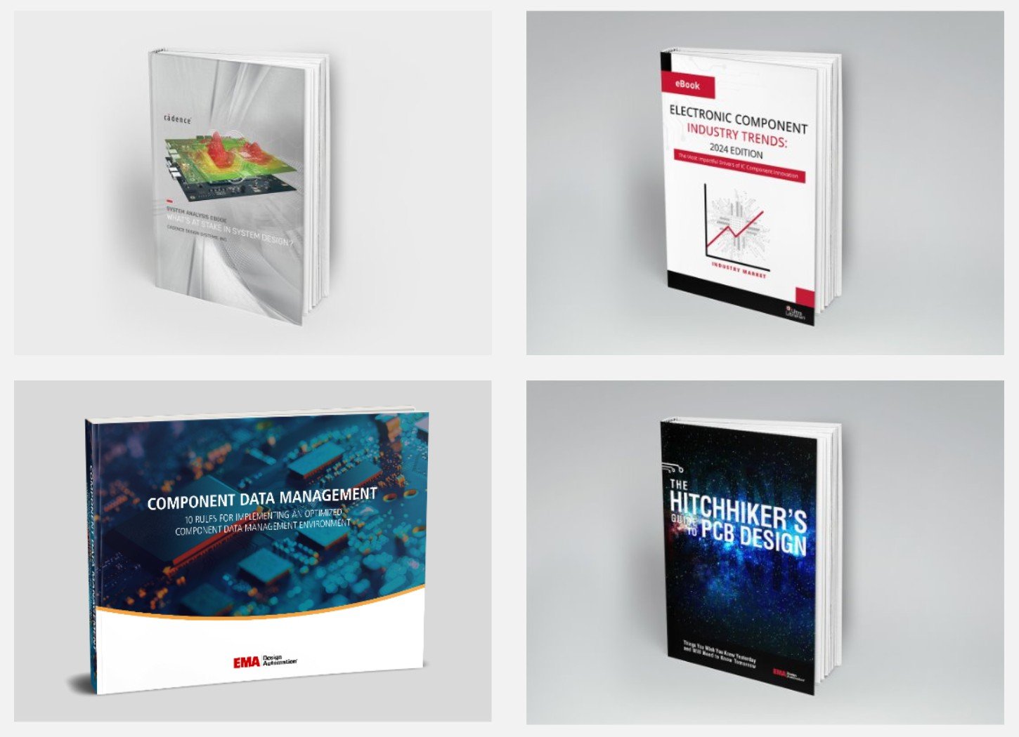 Four technical ebooks on a light gray background.