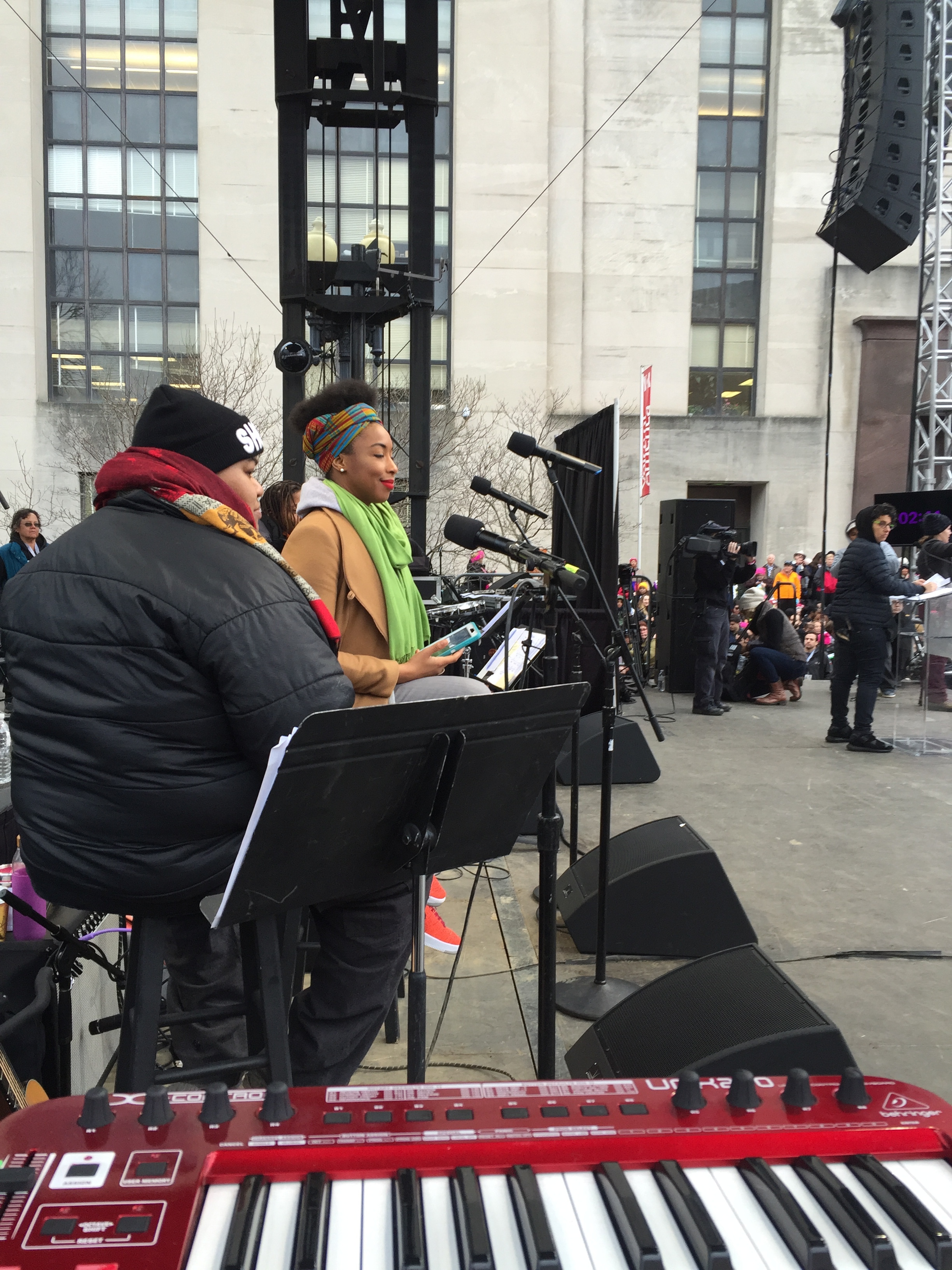 A view from the side. Musical director Toshi Reagon with Vocalist Carolyn Malachi