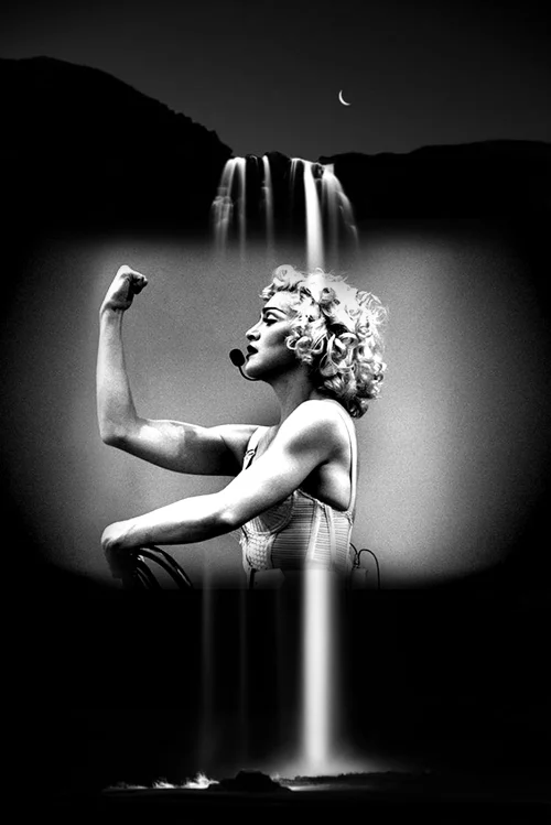 Madonna on her Blond Ambition World Tour (1990) in the iconic bodysuit by Jean-Paul Gaultier / Waterfall by Kristofer Michaelson / Edit by me