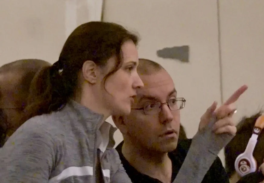 Choreographer Melissa and Lighting Designer Marty Postma in discussion in rehearsal.