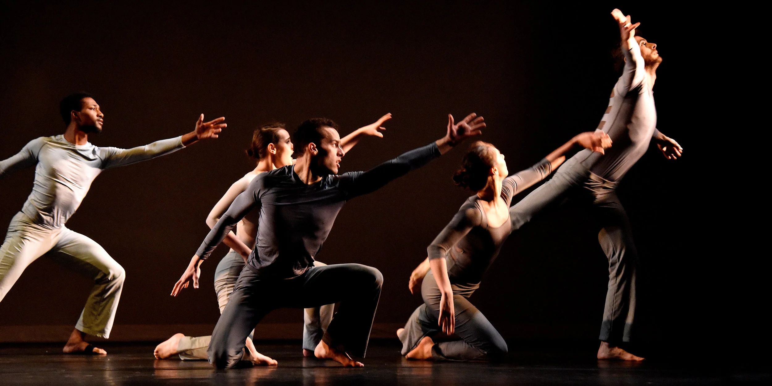 Grey. Six male and female dancers in grey leotards with broad horizontal stripes on the back sitting and standing and reaching up in the same direction.