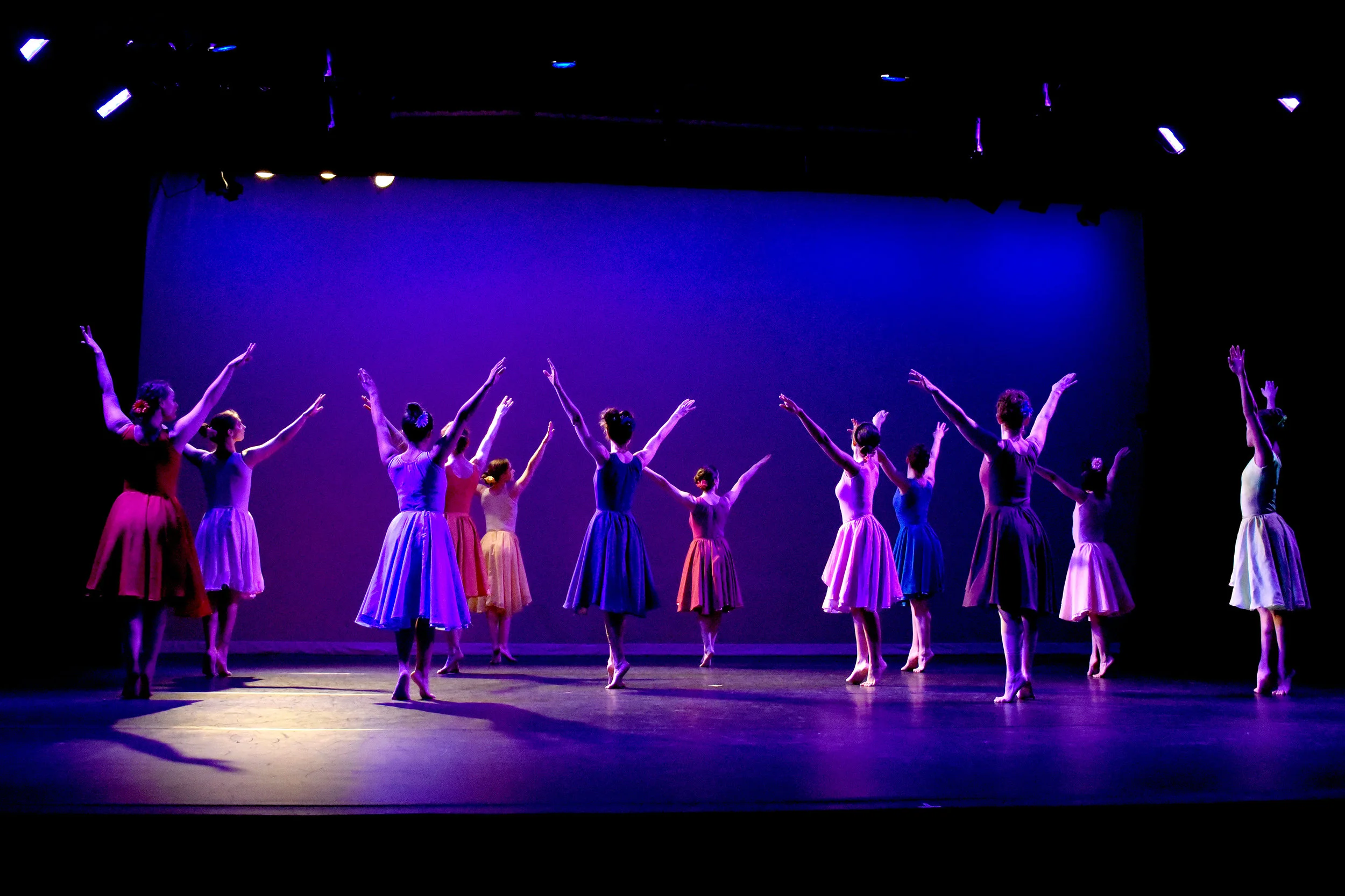 Stems. Twelve women in twelve bright colored flowing knee-length dresses stand on their toes as they slowly turn with their arms up in a large V-shape. The stage is lit in a mix of dark blues, purples, and pinks, as though bathed in moonlight.