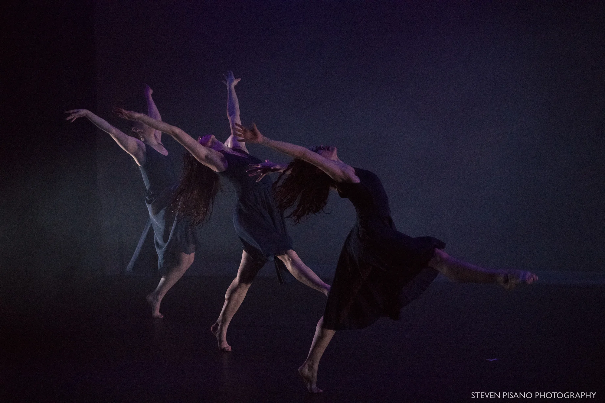 Stems. Dancers Samantha, Kelly, and Katie on a very dark blue and foggy stage in a dark blue dresses travel across the stage with their bodies turned to the side and both arms up as they arch their backs and extend one leg out in front.