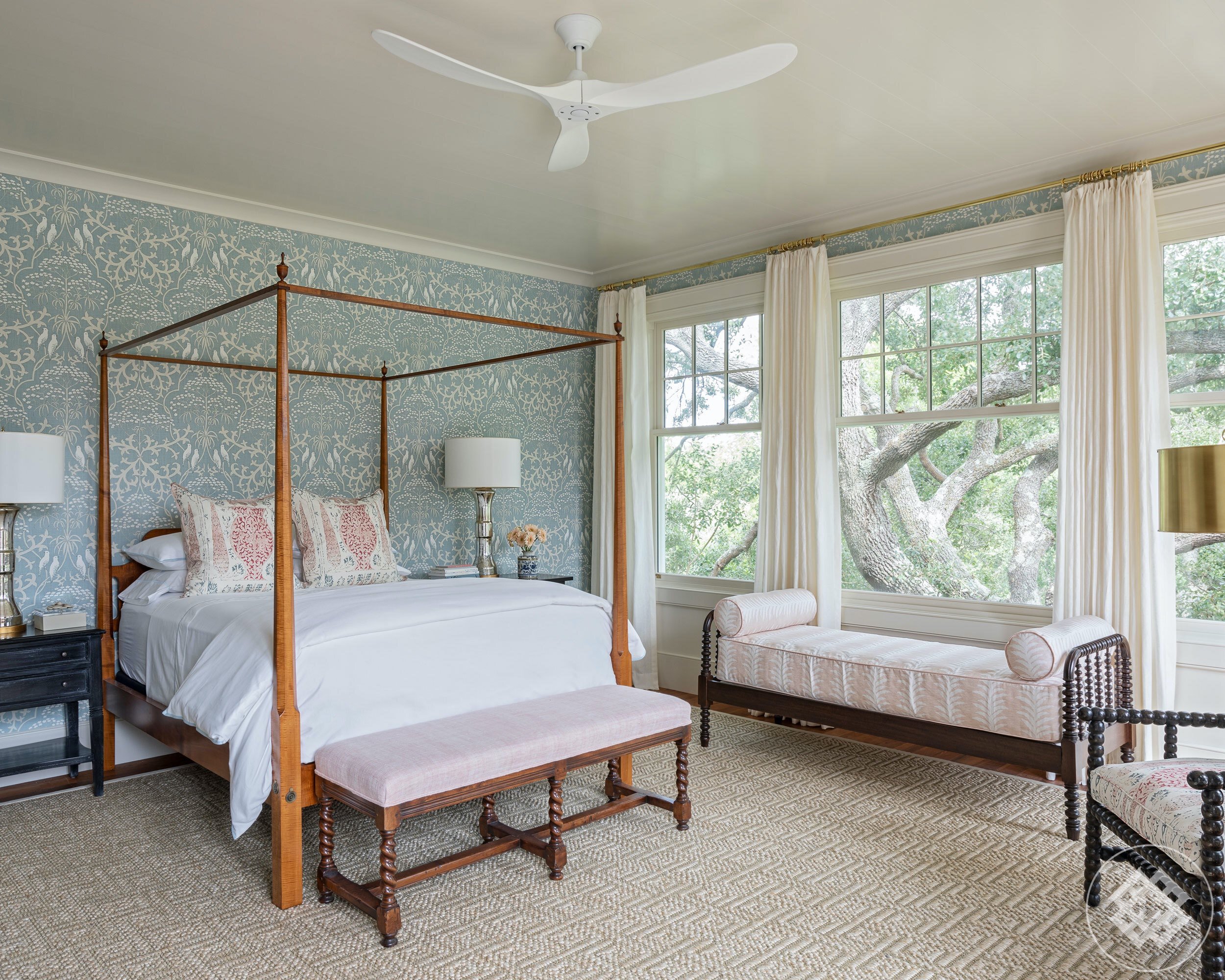 bcb-master-bedroom-with-antique-poster-bed-fiberworks-sisal-rug-lewis-wood-floral-wallpaper.jpg