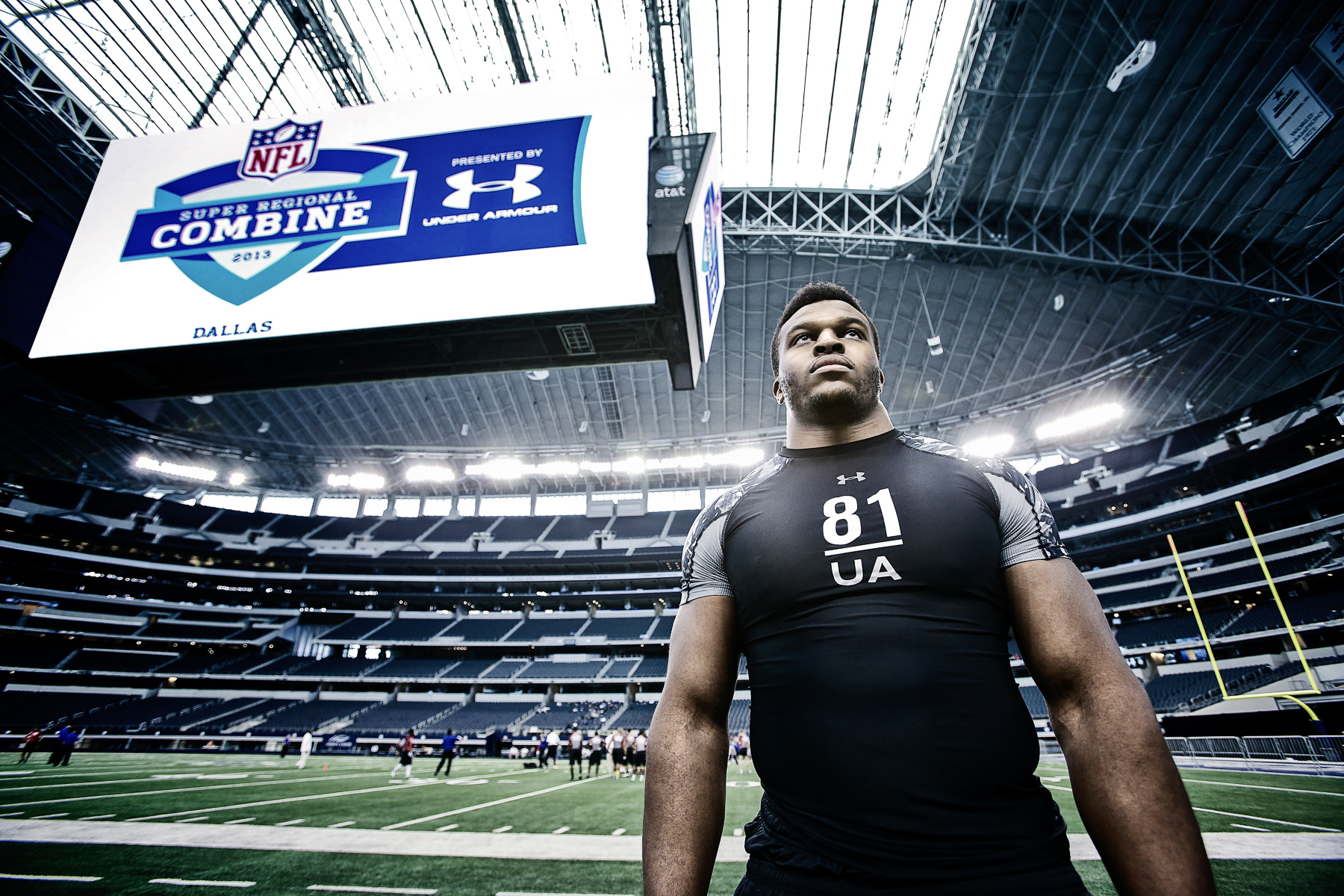 British Olympian Lawrence Okoye tries out for the NFL at Cowboys Stadium in Dallas, Texas.
