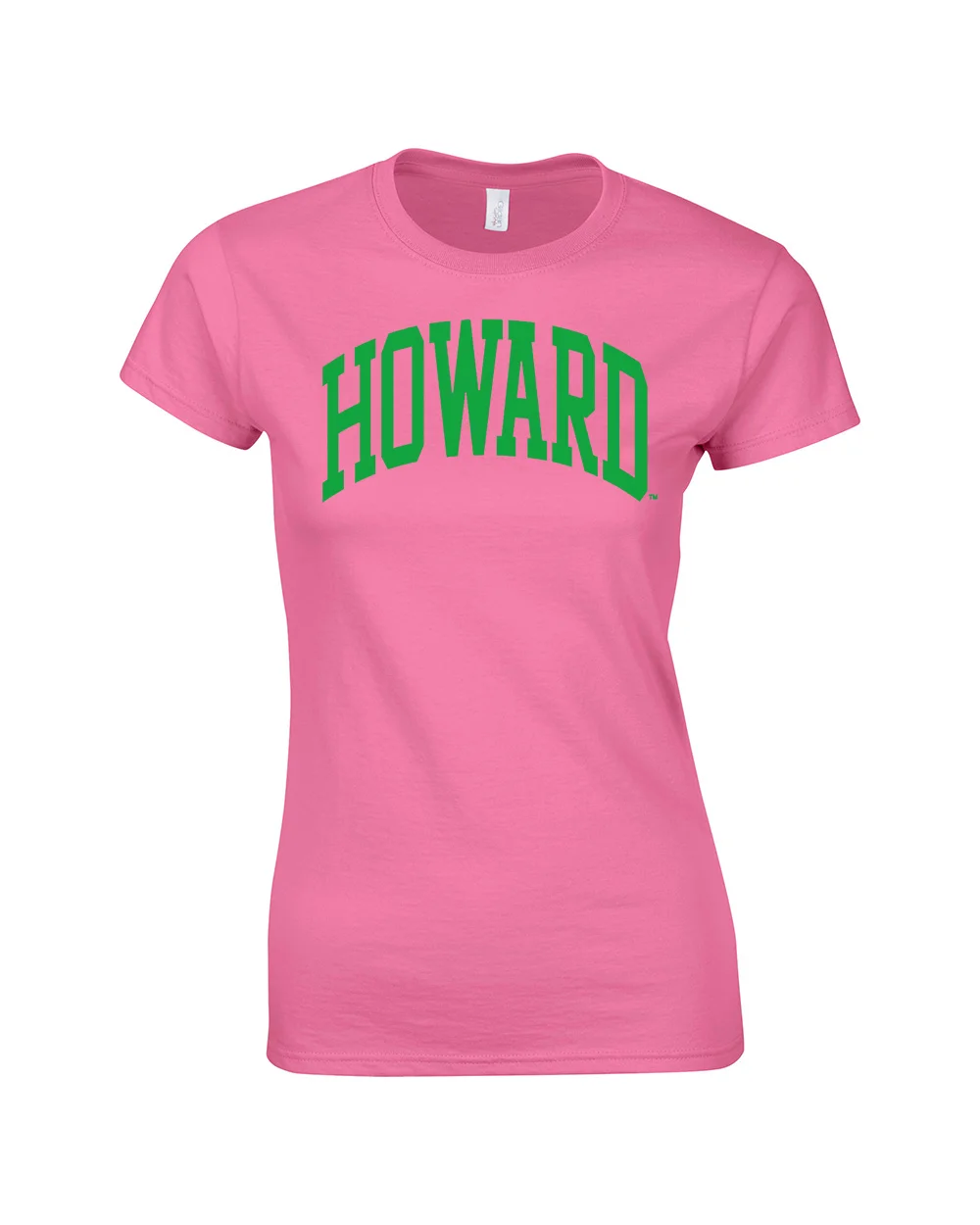 DISCONTINUED. Ladies Pink Tshirt w/Green Arched Howard