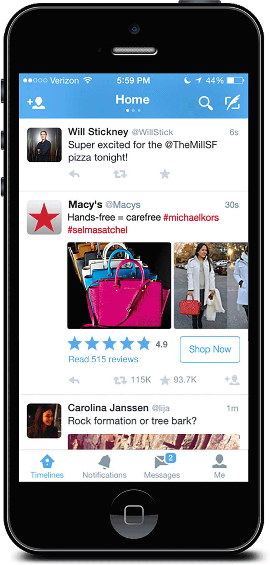 Twitter feed display with side swipe interaction to move between various product highlights. Clicking "Shop Now" or any of the ratings-related and Q&A content would take you to the "product detail" screen.