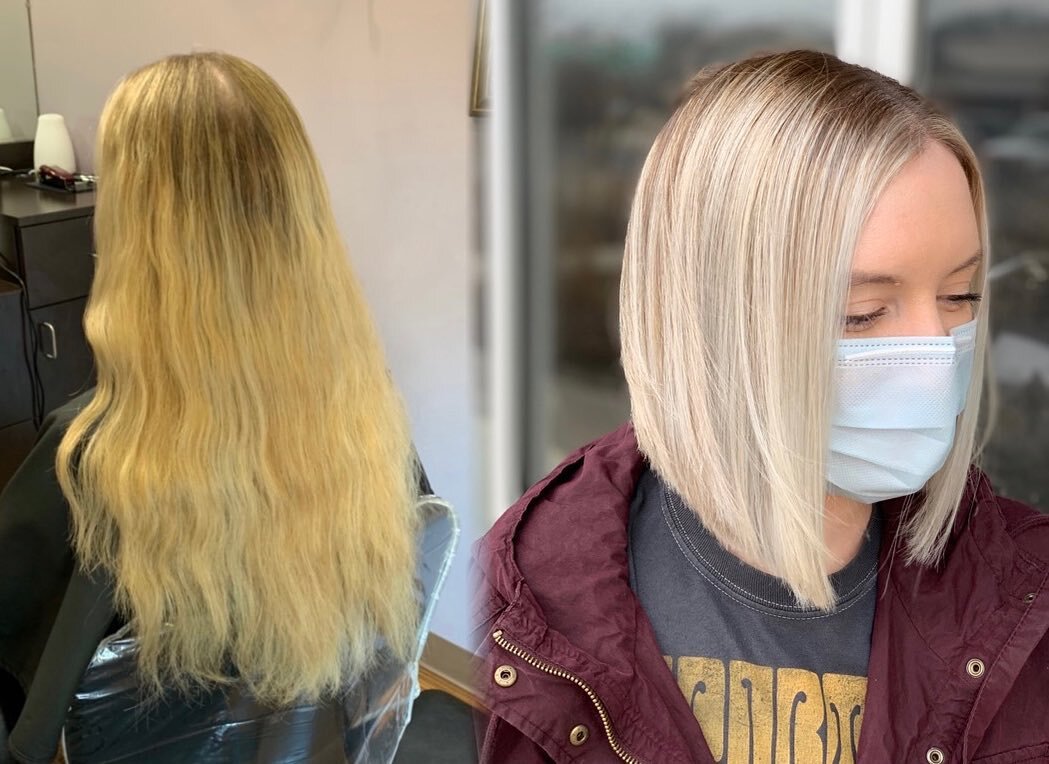 Pretty hair for my even prettier friend 😍 I can&rsquo;t tell you how exciting doing the big chop was after her wedding 💒 ✂️⠀⠀
⠀⠀
⠀⠀
@paulmitchellpro Synchro Lift+ and 20VOL with @olaplex to lift, and The Color to tone ❄️ 
⠀⠀

⠀
⠀
#transformation #h