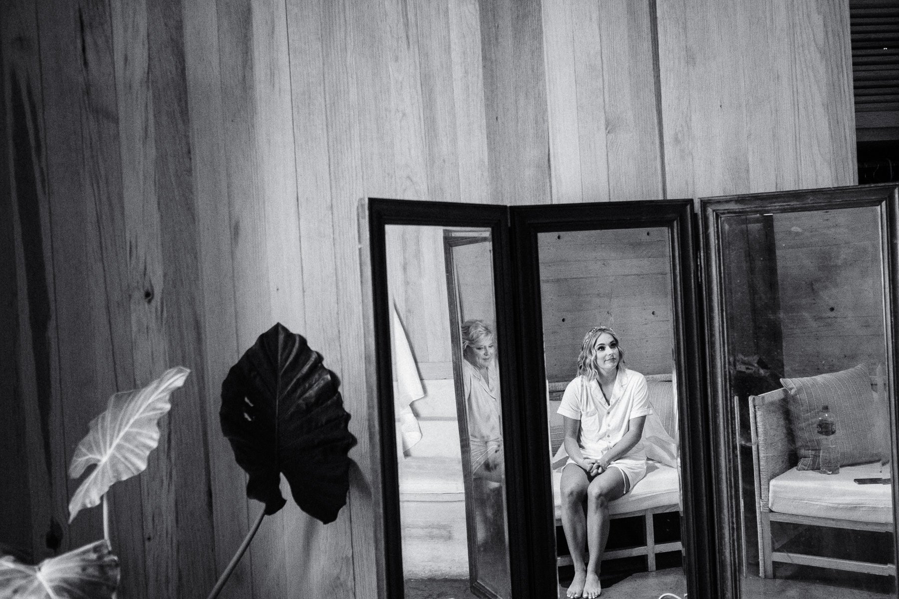 Creative reflections of wedding preparations at a boutique hotel in Oaxaca City.