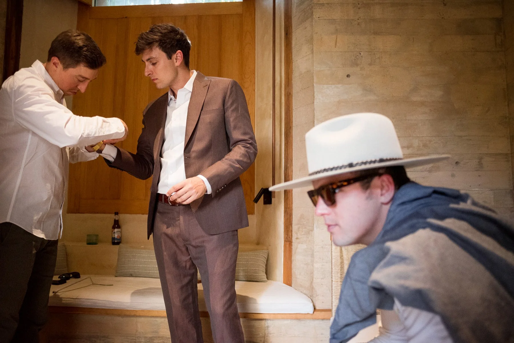 Documentary coverage of the groom and his friends at Hotel Escondido Oaxaca.