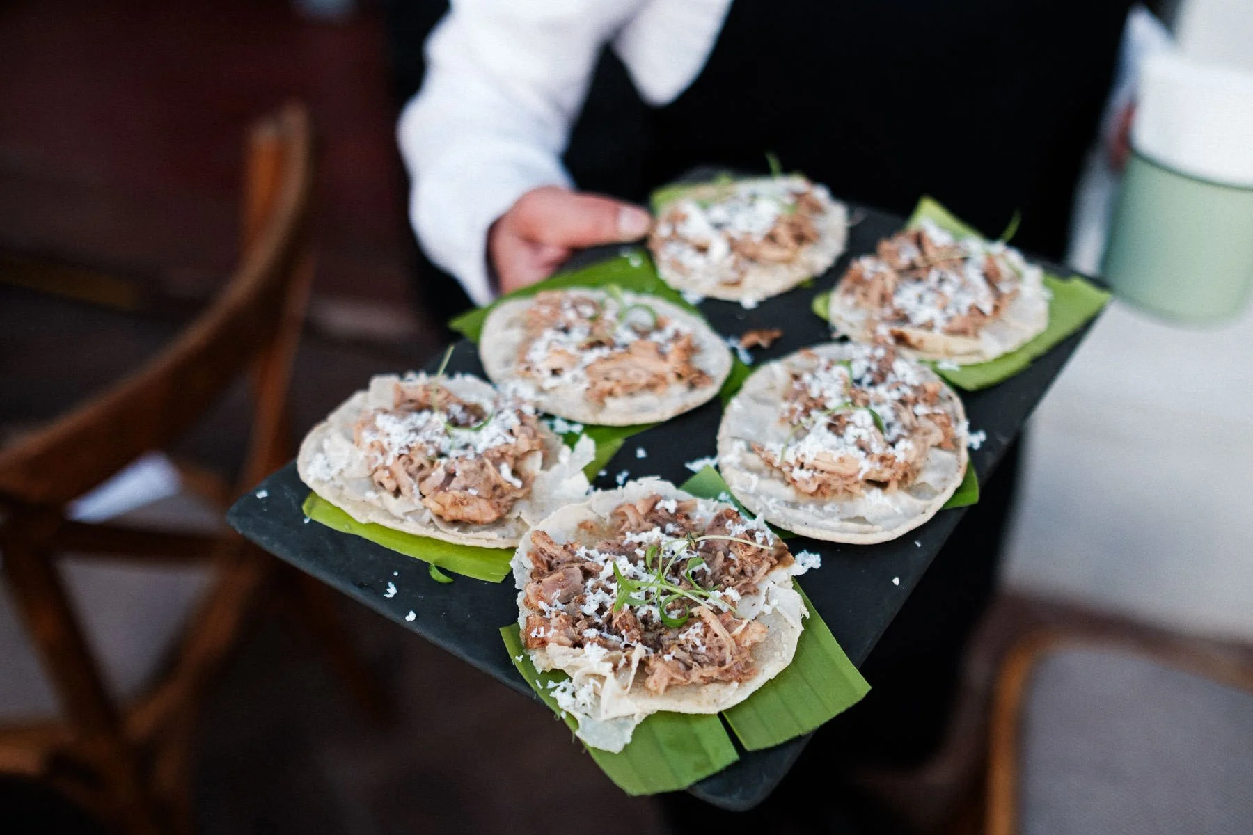 Authentic Oaxacan tacos served during cocktail hour at Casa Convite, perfect for a culinary-focused destination wedding.
