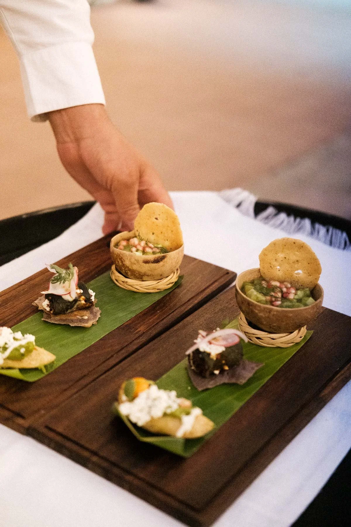 Close-up of a waiter serving gourmet Oaxacan appetizers (canapés) at Proyecto Murguía, highlighting the exquisite destination wedding catering experience.