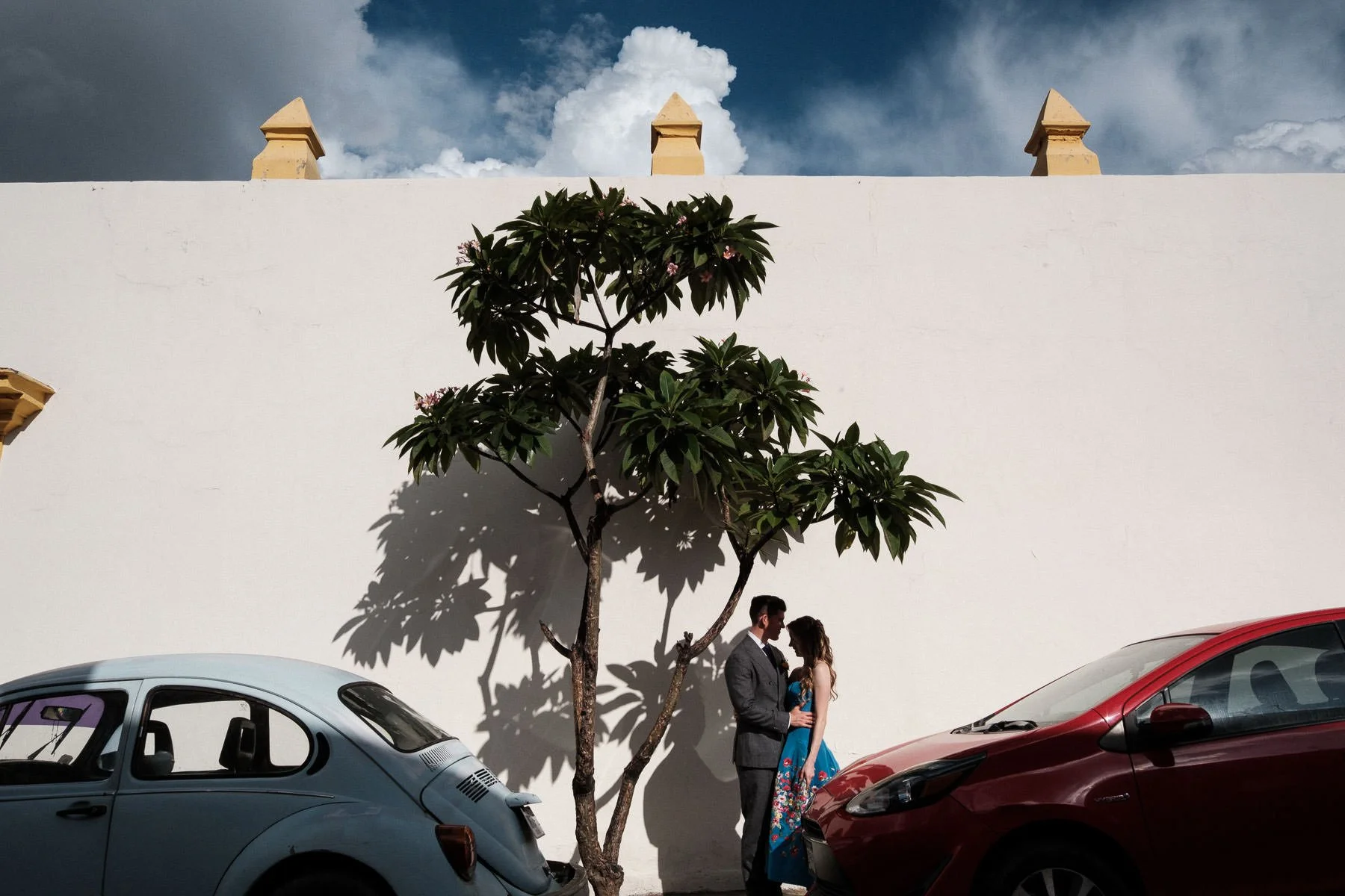 The couple captured between cars under a blooming Flor de Mayo tree against a clear blue sky.