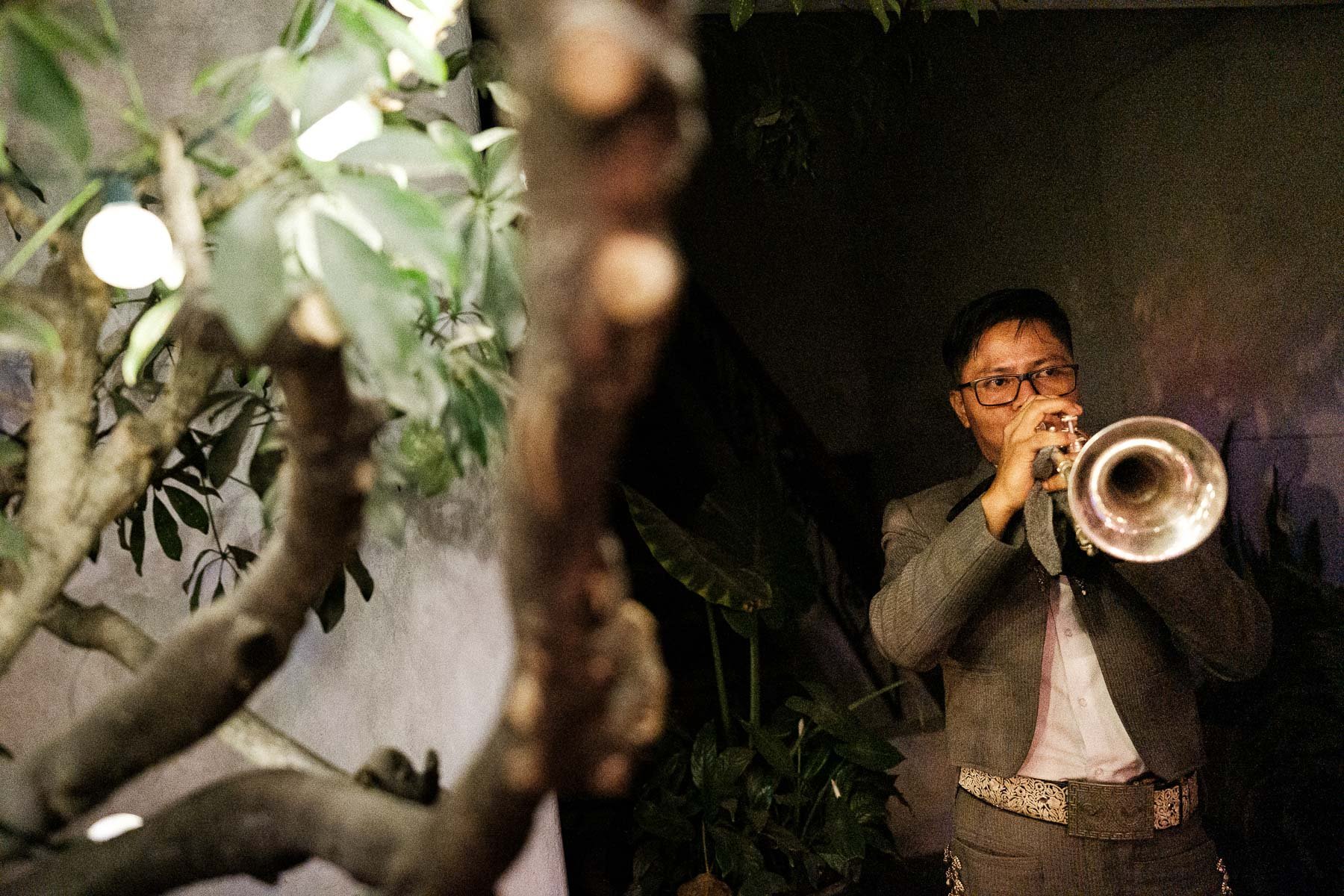 Mariachi trumpet player at a wedding welcome party