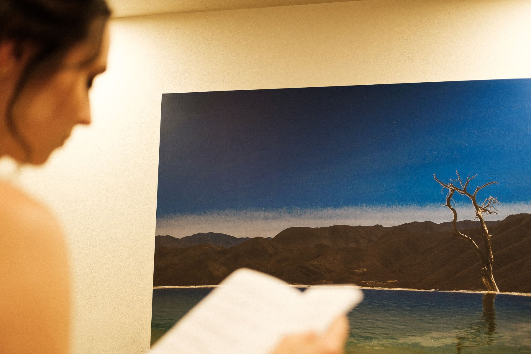 Bride reading her vows with Hierve el Agua artwork captured by Lucca Lazzarini.