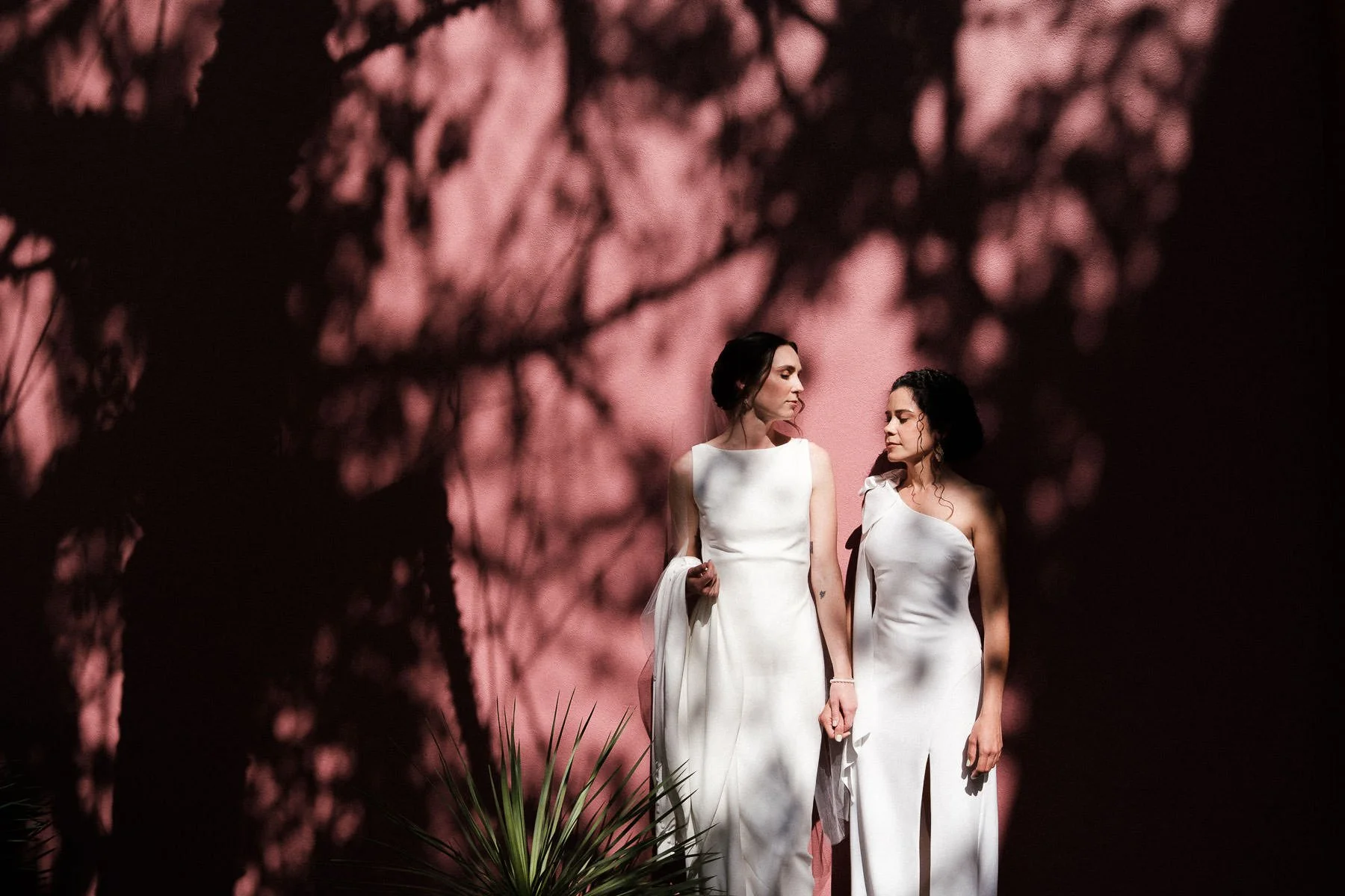 Brides portrait framed by light and shadow against pink walls at Hotel City Centro.