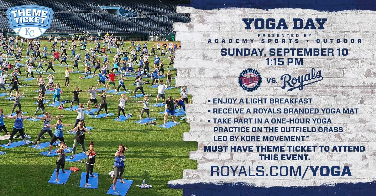 Join us September 10, 2017 ON THE FIELD! Includes your ticket to the game, an exclusive co-branded Royals + KORE MOVEMENT Yoga Mat, a unique 60 minute yoga flow class led by KORE MOVEMENT’S Jennifer Glass with demonstration by Heather Carroll and Morgan Hoog and a light breakfast following the practice. It is a full day of movement, fun and unity. REGISTER HERE @ Royals.com/yoga. EVENT HASHTAGS #YogisInTheOutfield #koremovement Tag: @koremovement @jenniferglass @kcroyals