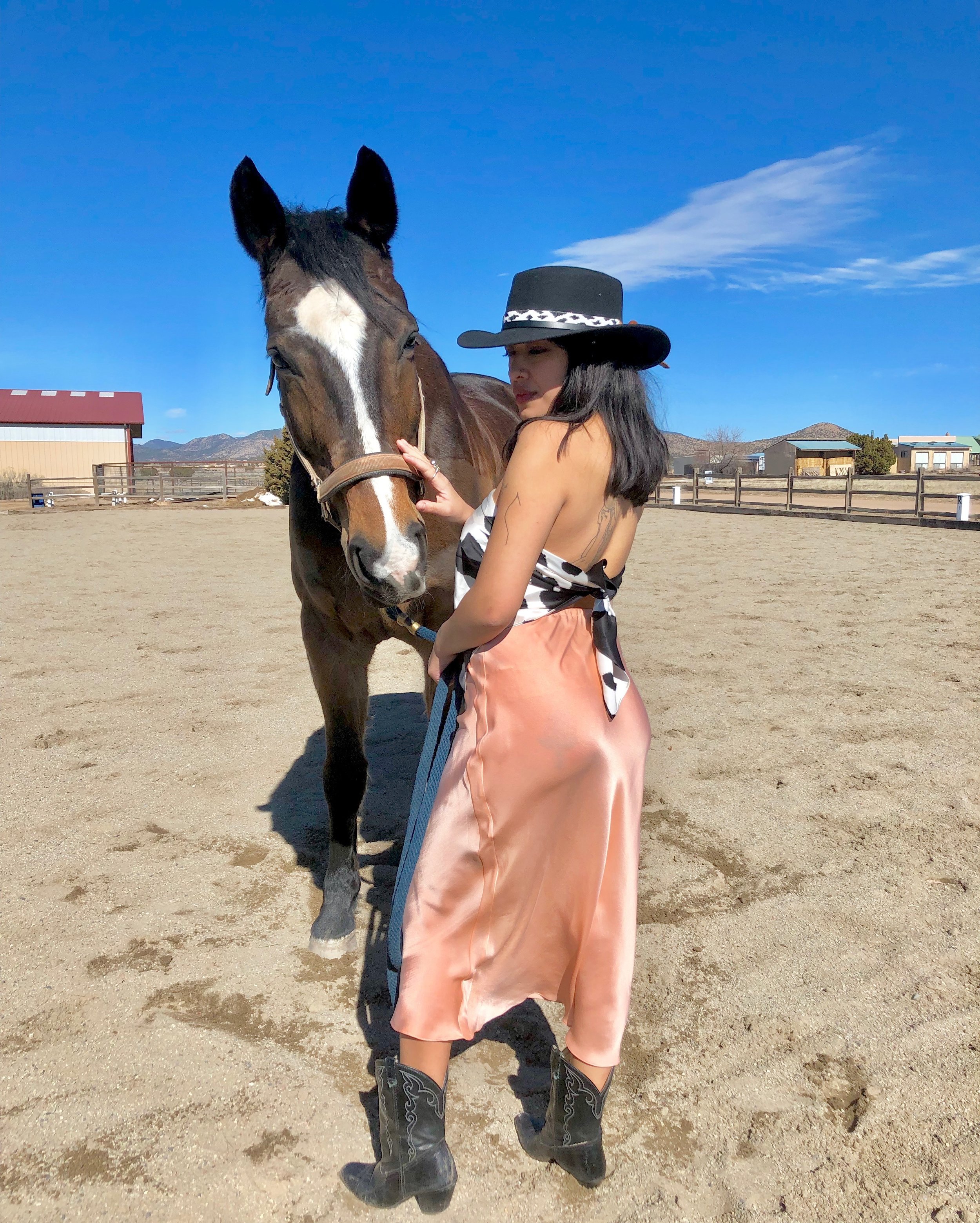 ‘Pearl Hart Skirt"‘ designed and naturally dyed by me, sewn by Sylvia Garcia. ‘Cattle Queen Hat Band’ hand beaded by me. Vintage cow print scarf.