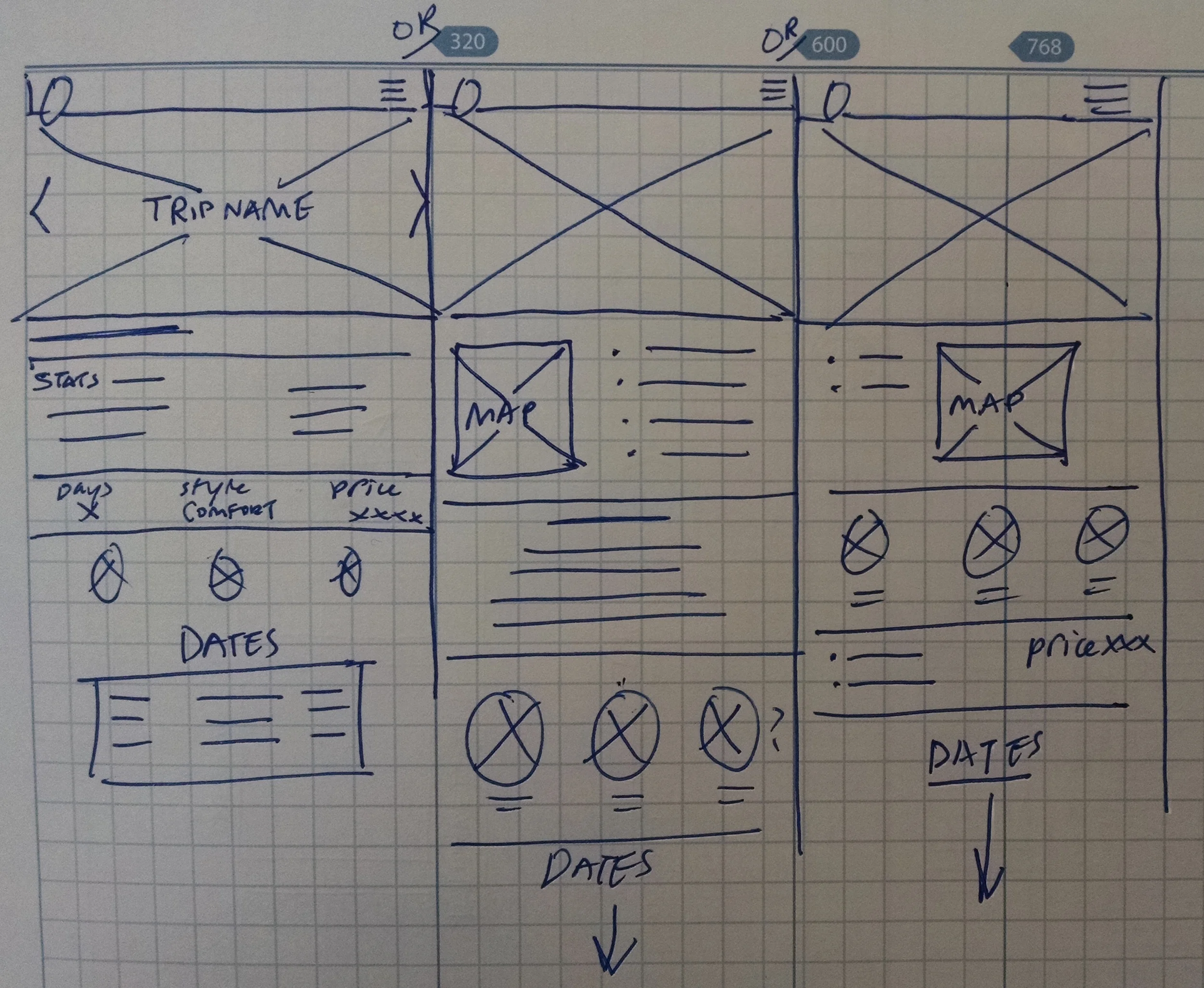 Initial sketches for the Trip Details page. The biggest challenge was laying out a plethora of information without confusing the user.