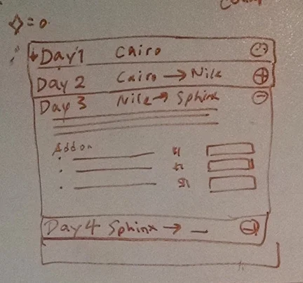 We opted for an accordion style menu for the itinerary section as it would save space and hide any information the user did not wish to see. A symbol would designate if there was a customizable add-on for that particular date. The user would then be able to choose to expand to view.