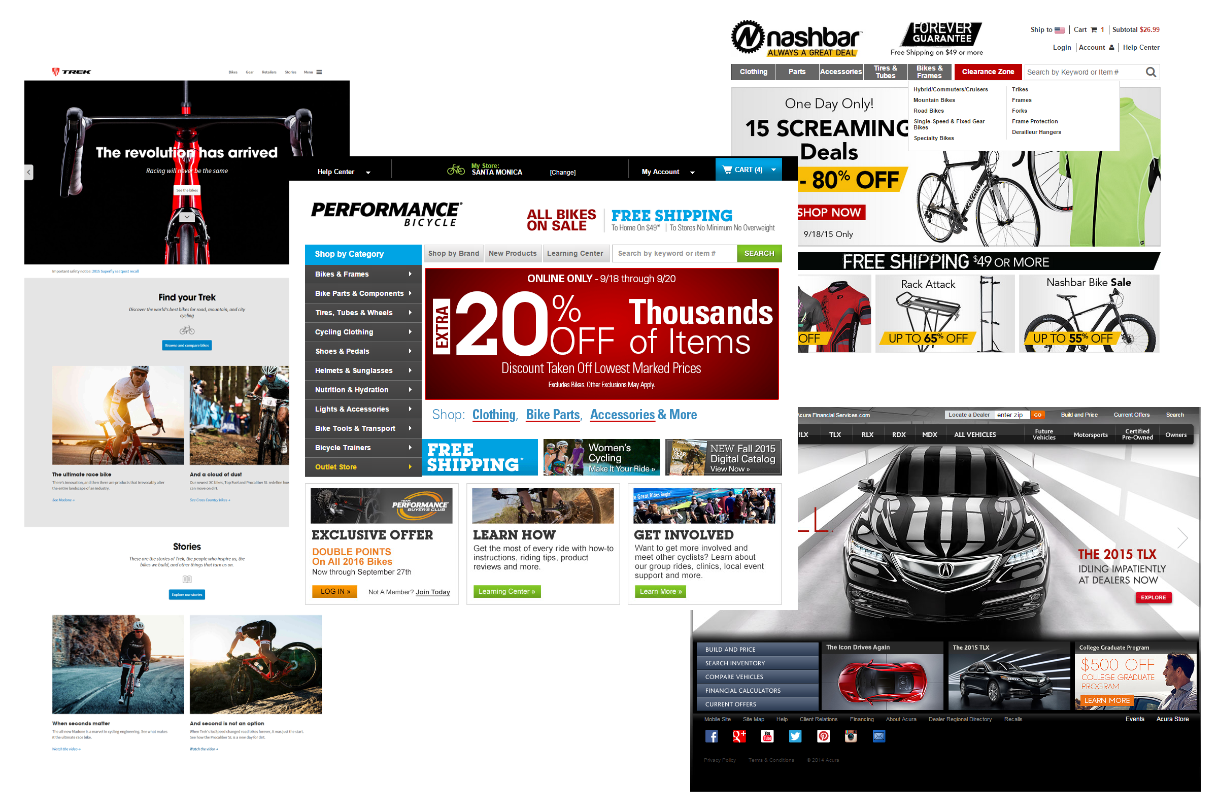 Clockwise from left: Trek website, Nashbar homepage, Acura homepage. Middle: Performance Bicycle homepage.