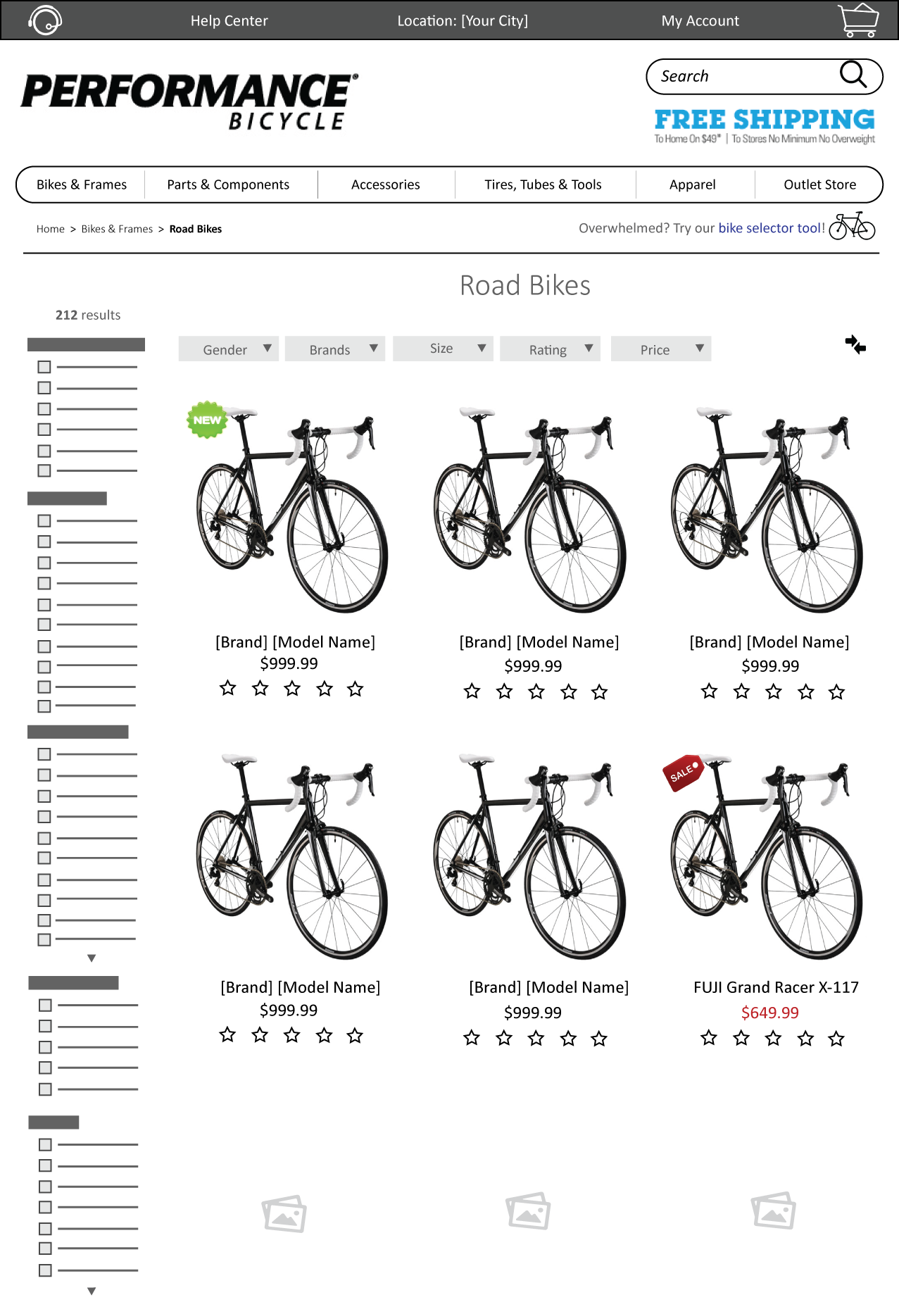 Product Listing was revamped with larger pictures along with a friendlier filter. Simple filters are placed at the top where anyone can view bikes by gender, brands, size, rating and price. The left sidebar contained more detailed and technical options such as drivetrain, crankshaft, gears, etc catering to the more experienced riders that come to the site. I didn’t want to alienate that demographic.