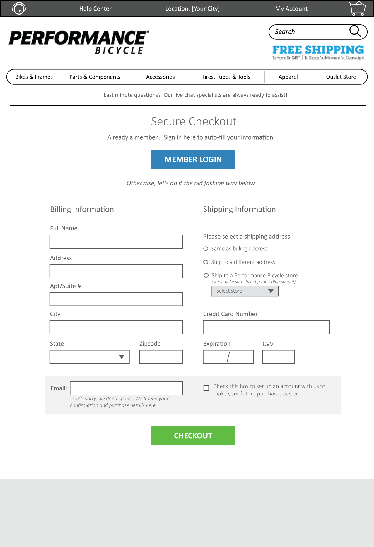 Instead of having a page offering a choice of Login as User and Guest Checkout , I combined them. In the Secure Checkout page, members could login and have their information filled in automatically. The alternative is to directly fill out the information below that if you wished to checkout as a guest.