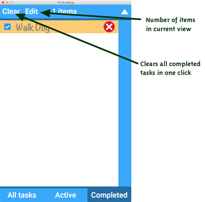 as a convenience to the user, the CLEAR button zaps all the completed tasks. It replaces the add icon when in completed mode.
