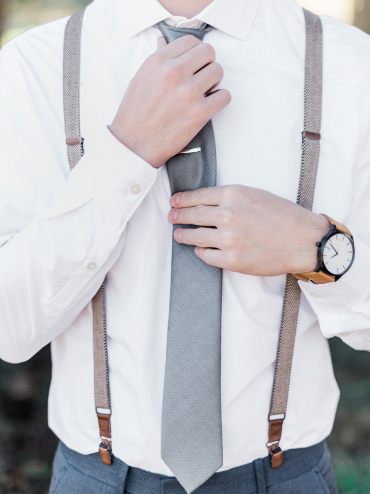 Groom's Slate Blue Tie and Tie Clip with Suspenders | Rustic Winter Wedding | Lynchburg, Virginia Film Photographer | kelseyandnate.com