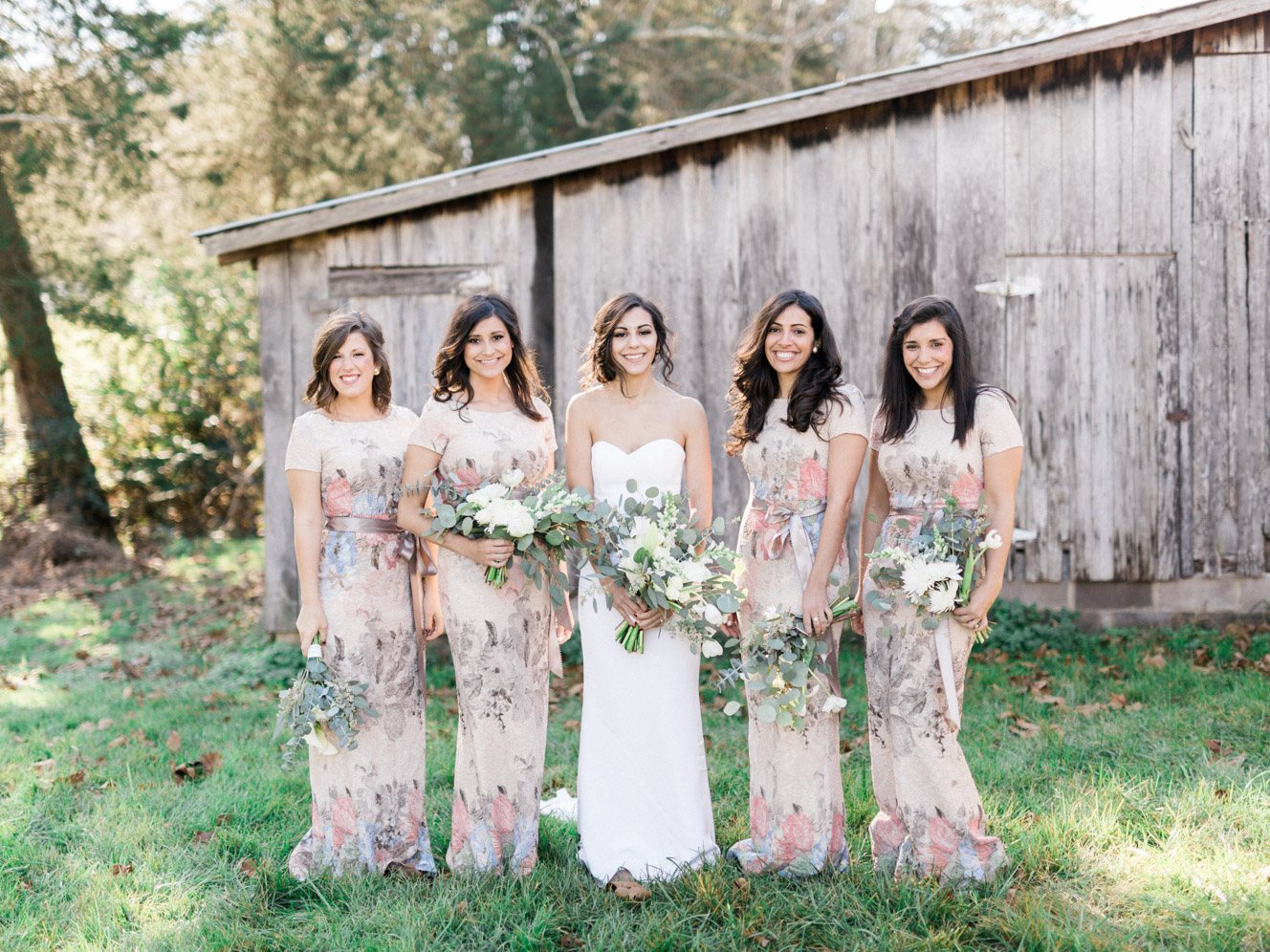 Bridesmaids in Floral Melinda BHLDN Dress | Bella Wedding Dress by Sarah Janks | Rustic Winter Wedding | Lynchburg, Virginia Film Photographer | kelseyandnate.com