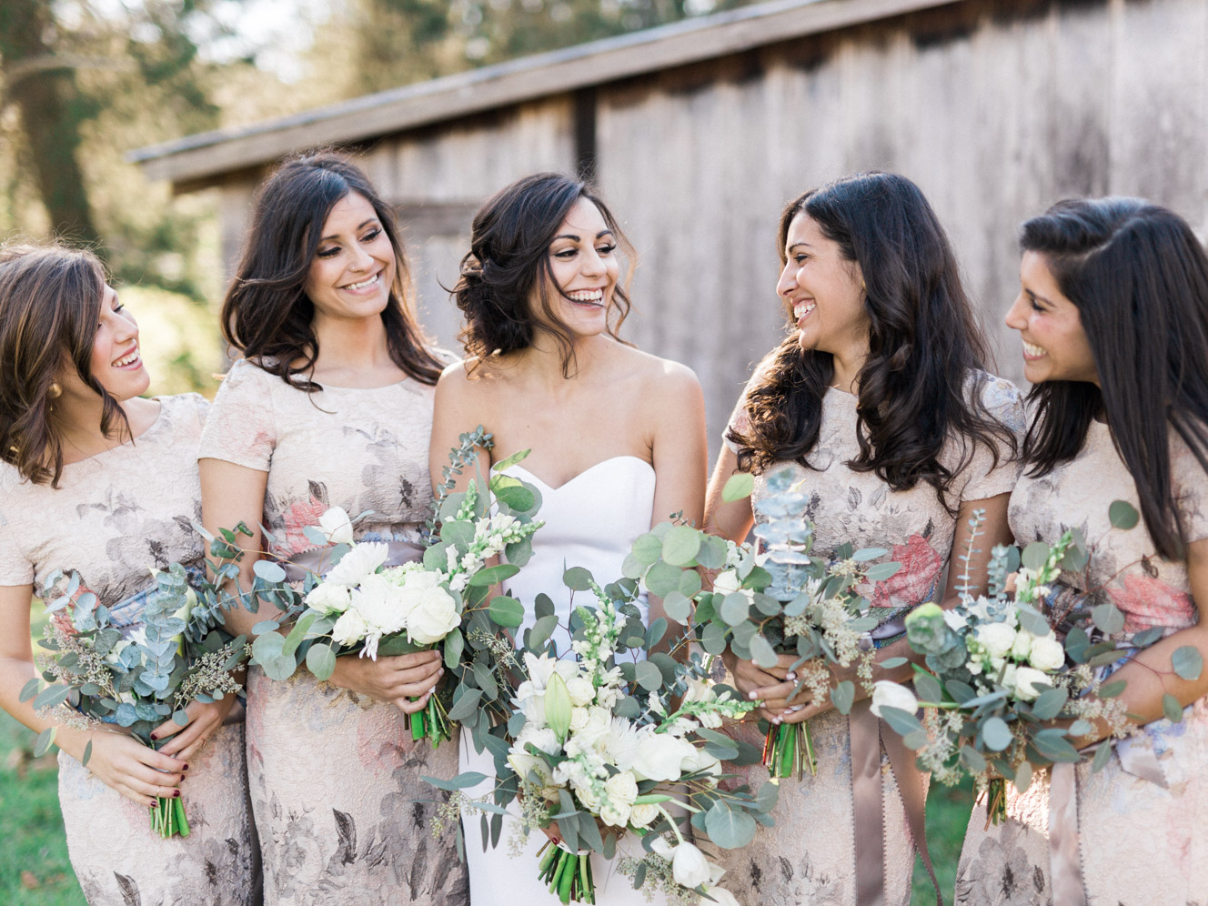 Bridesmaids in Floral Melinda BHLDN Dress | Bella Wedding Dress by Sarah Janks | Rustic Winter Wedding | Lynchburg, Virginia Film Photographer | kelseyandnate.com