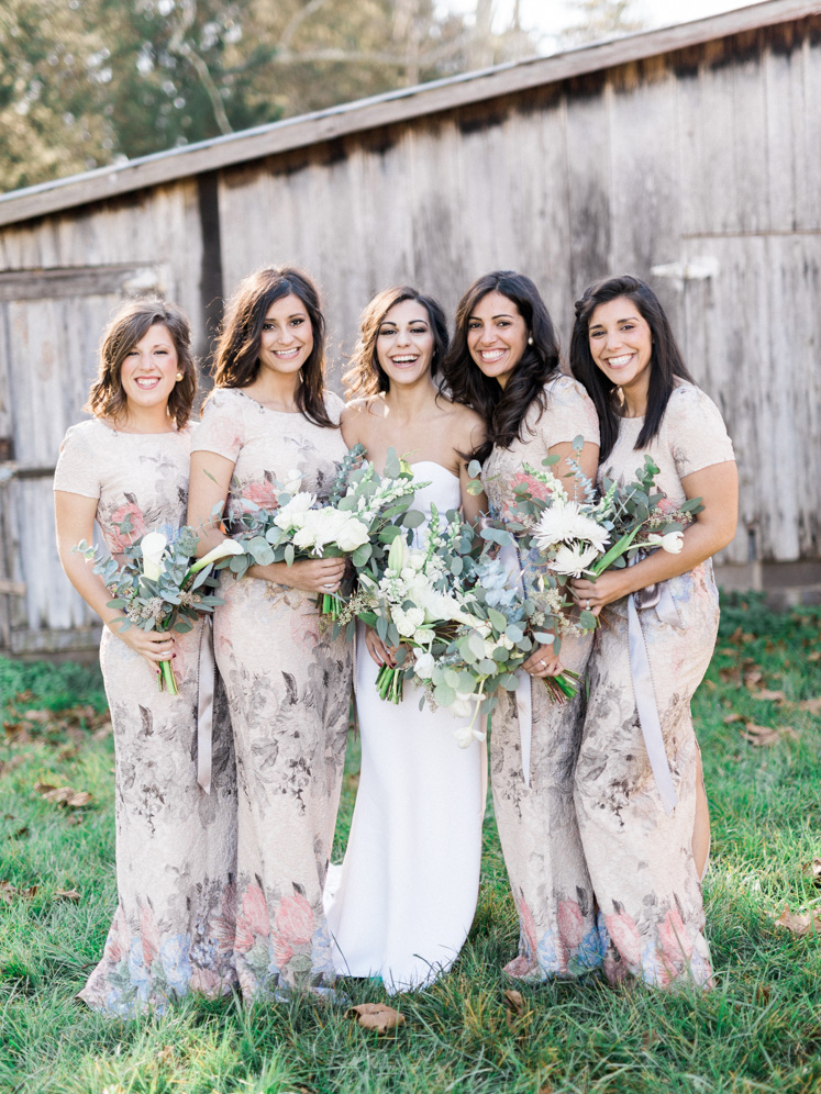 Bridesmaids in Floral Melinda BHLDN Dress | Bella Wedding Dress by Sarah Janks | Rustic Winter Wedding | Lynchburg, Virginia Film Photographer | kelseyandnate.com