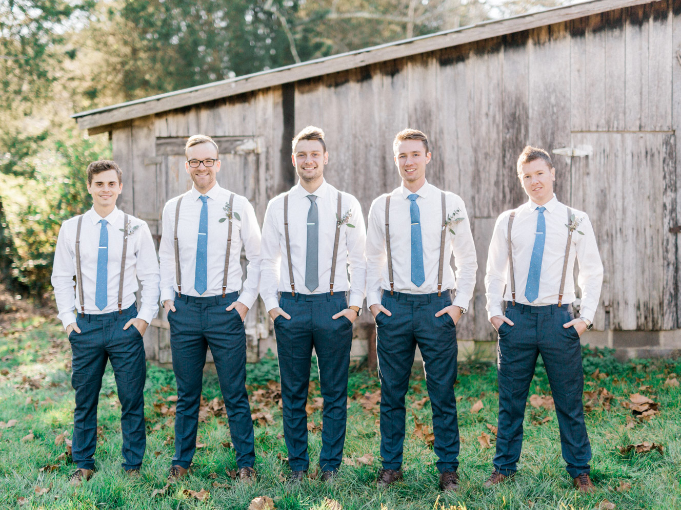 Suspenders and tie clips for the Groomsmen | Bella Wedding Dress by Sarah Janks | Rustic Winter Wedding | Lynchburg, Virginia Film Photographer | kelseyandnate.com